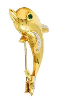 Vintage Diamond Emerald 18 Karat Two-Tone Gold Dolphin Brooch