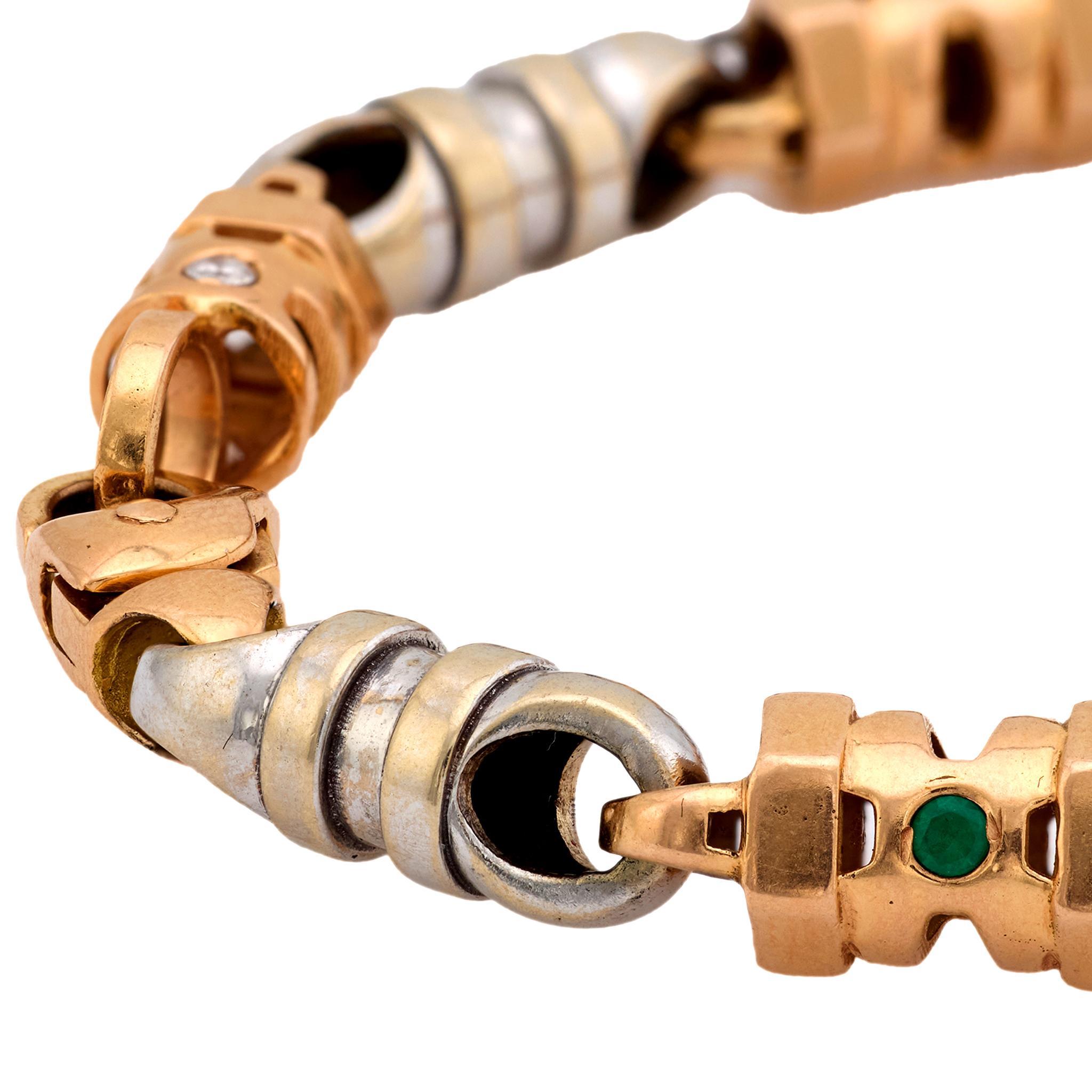 Moderne Bracelet vintage diamant émeraude chaîne en or blanc et rose 18k en vente