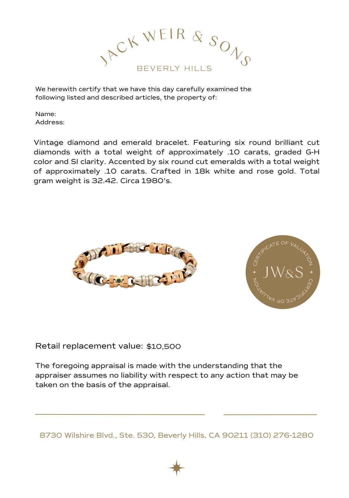 Bracelet vintage diamant émeraude chaîne en or blanc et rose 18k Bon état - En vente à Beverly Hills, CA