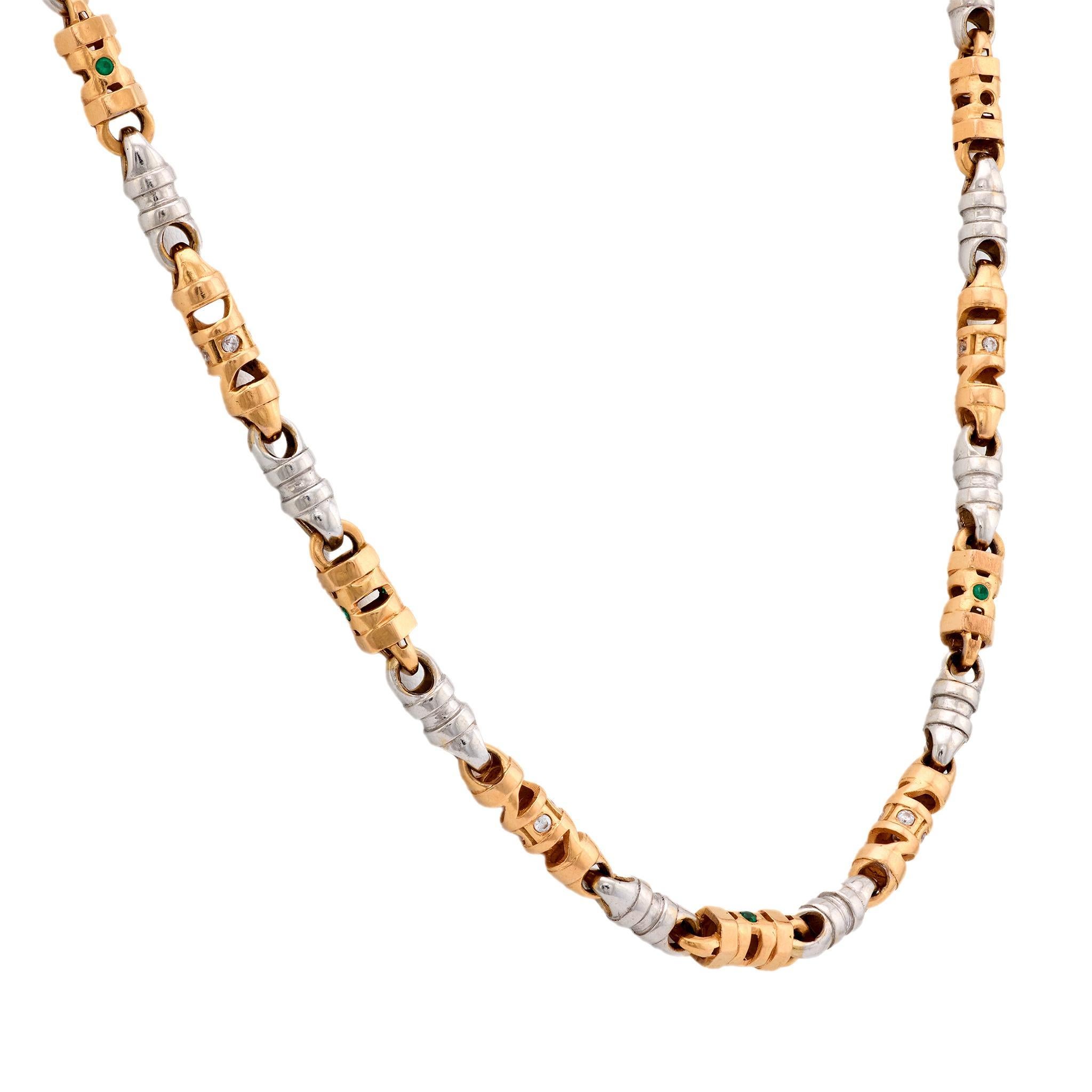 Modern Vintage diamond emerald 18k white and rose gold chain necklace For Sale