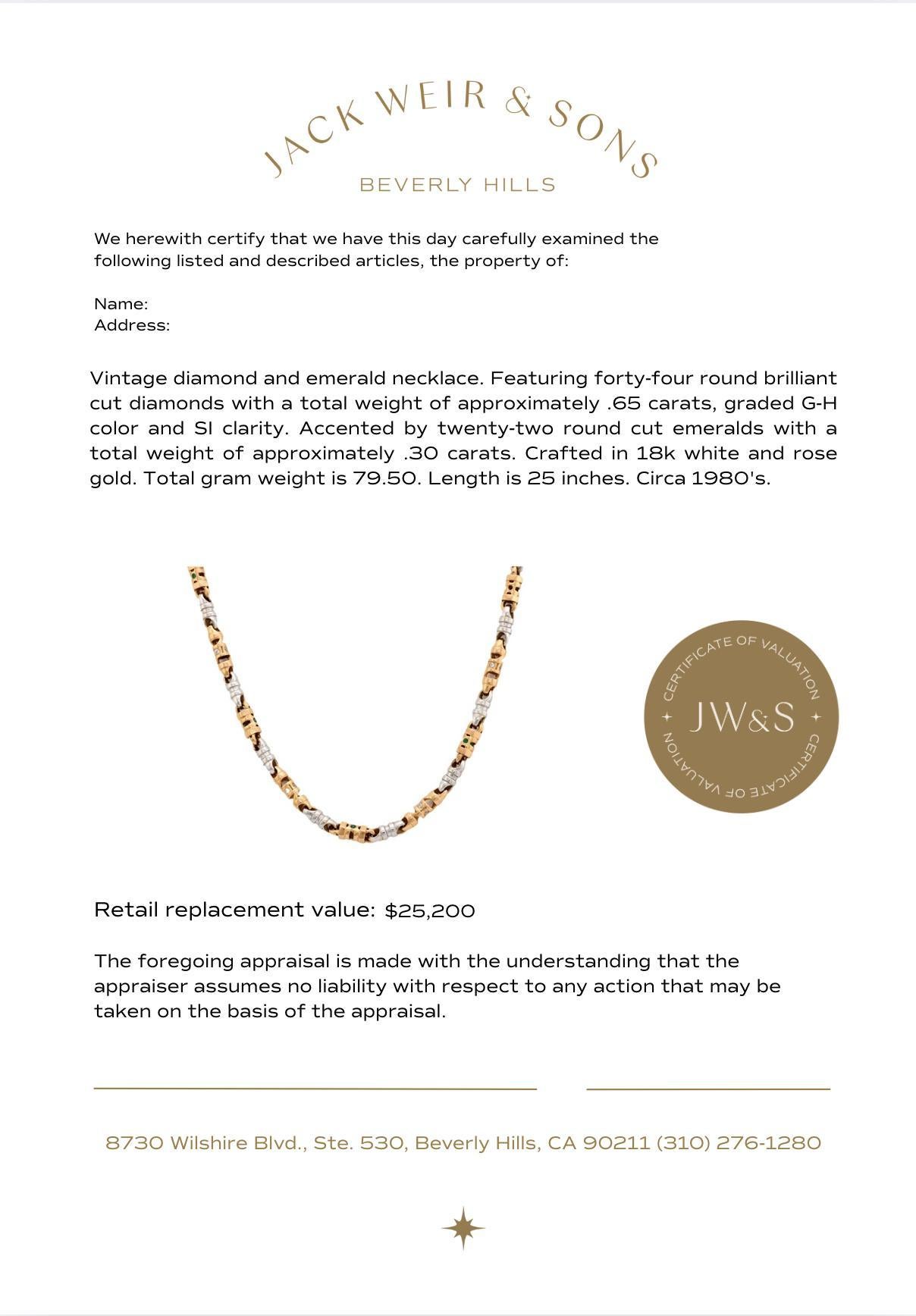 Vintage diamond emerald 18k white and rose gold chain necklace In Good Condition For Sale In Beverly Hills, CA
