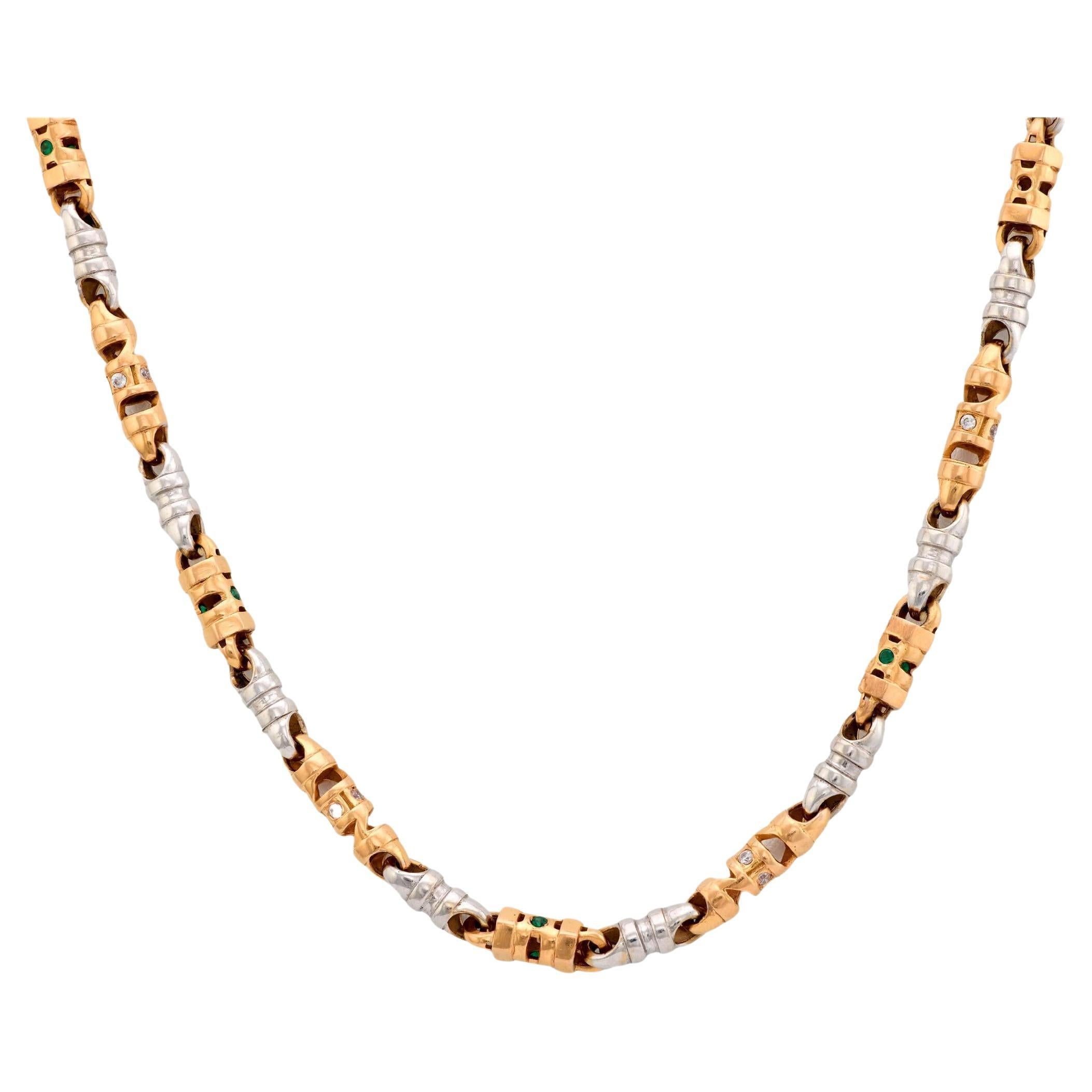 Vintage diamond emerald 18k white and rose gold chain necklace For Sale
