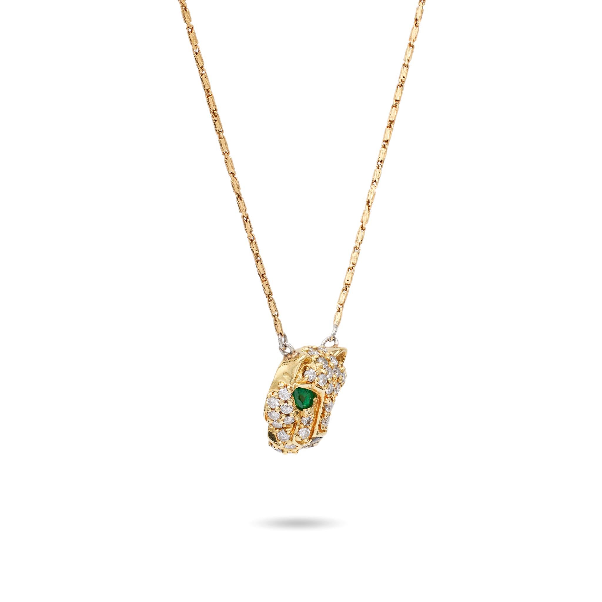 Women's or Men's Vintage Diamond Emerald 18k Yellow Gold Panther Necklace