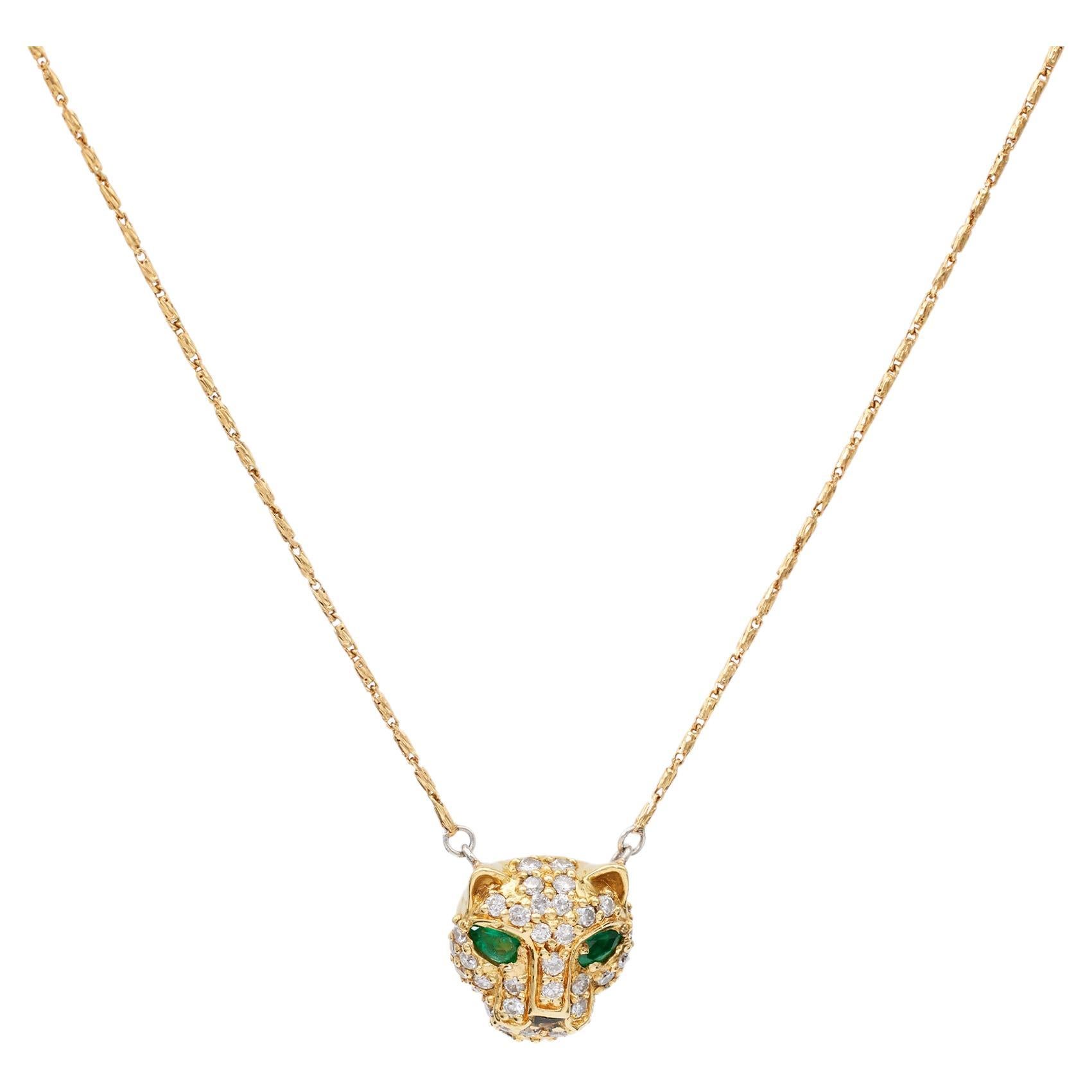 Vintage Diamond Emerald 18k Yellow Gold Panther Necklace