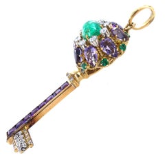 Vintage Diamond Emerald Amethyst 18 Karat Yellow Gold Key Pendant