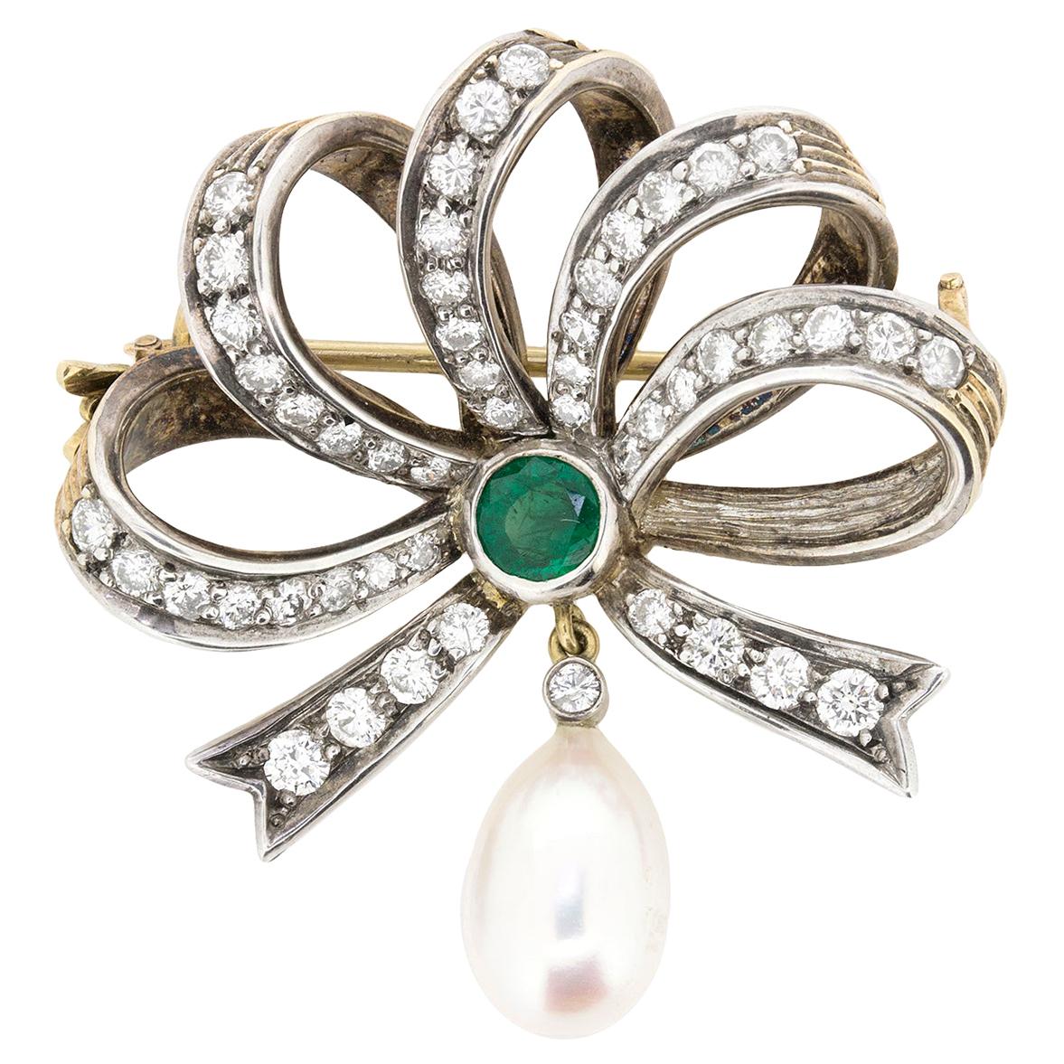 Vintage Diamond, Emerald and Pearl Bow Brooch, circa 1940s