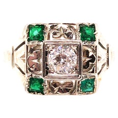 Vintage Diamond Emerald Engagement Ring Old Euro .60ct Art Deco 18K Belais