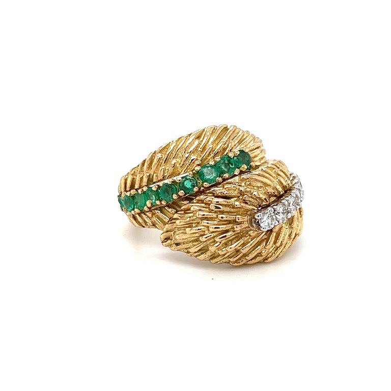 Vintage Diamond Emerald Gold Leaf Wrap Ring For Sale at 1stDibs