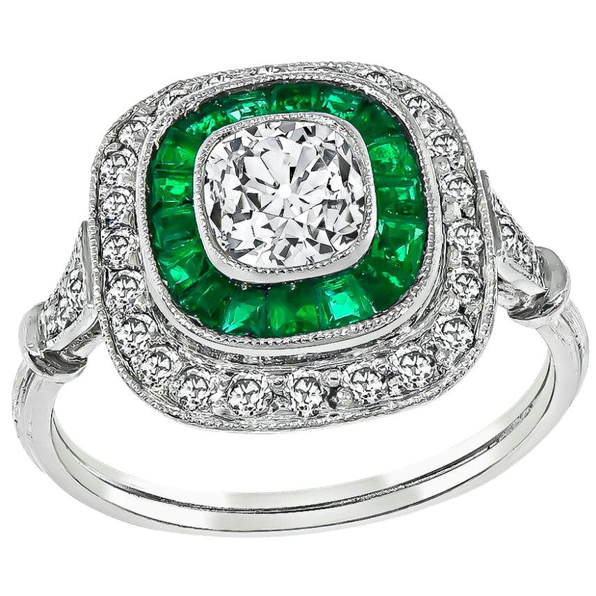 Vintage Diamond Emerald Halo Engagement Ring