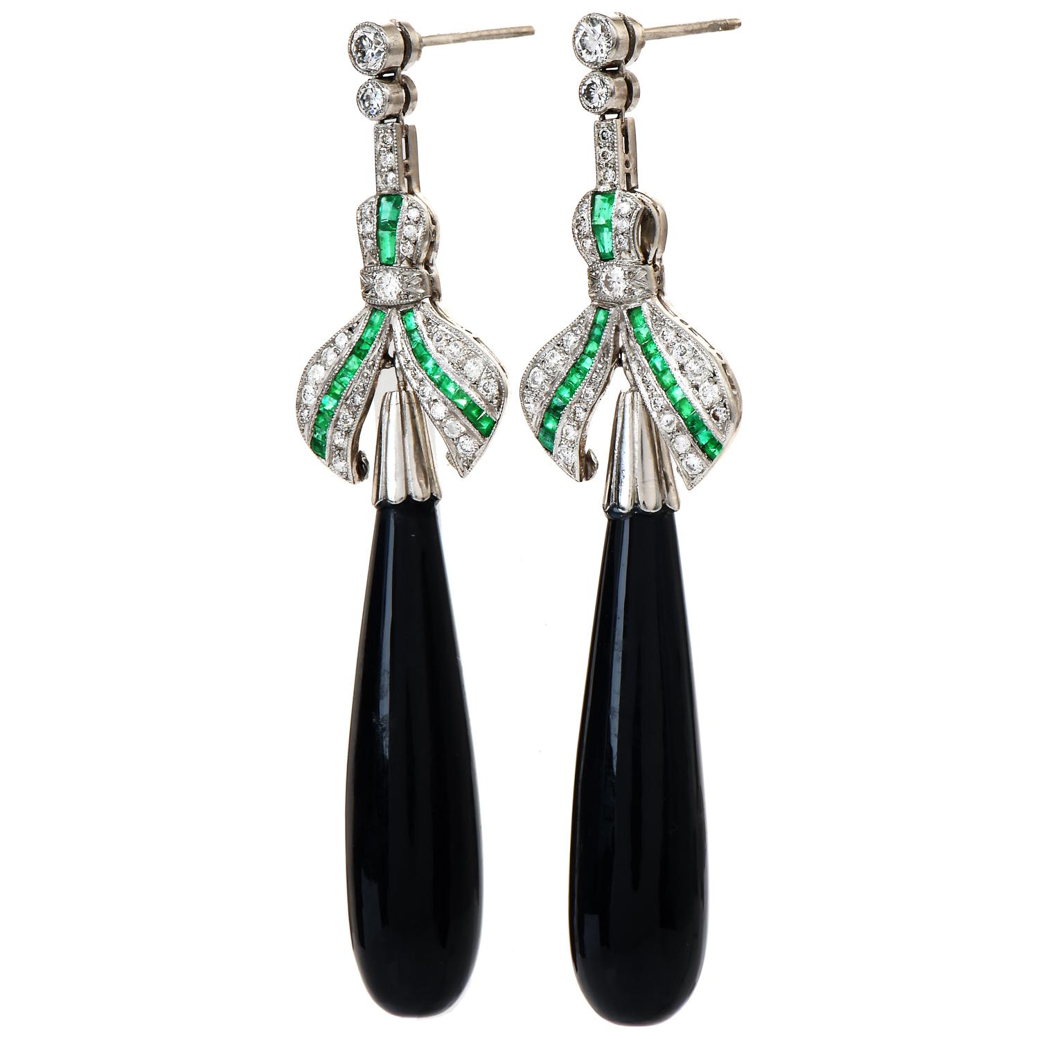 Round Cut Vintage Diamond Emerald Onyx Platinum Ribbon Long Drop Dangle Earrings