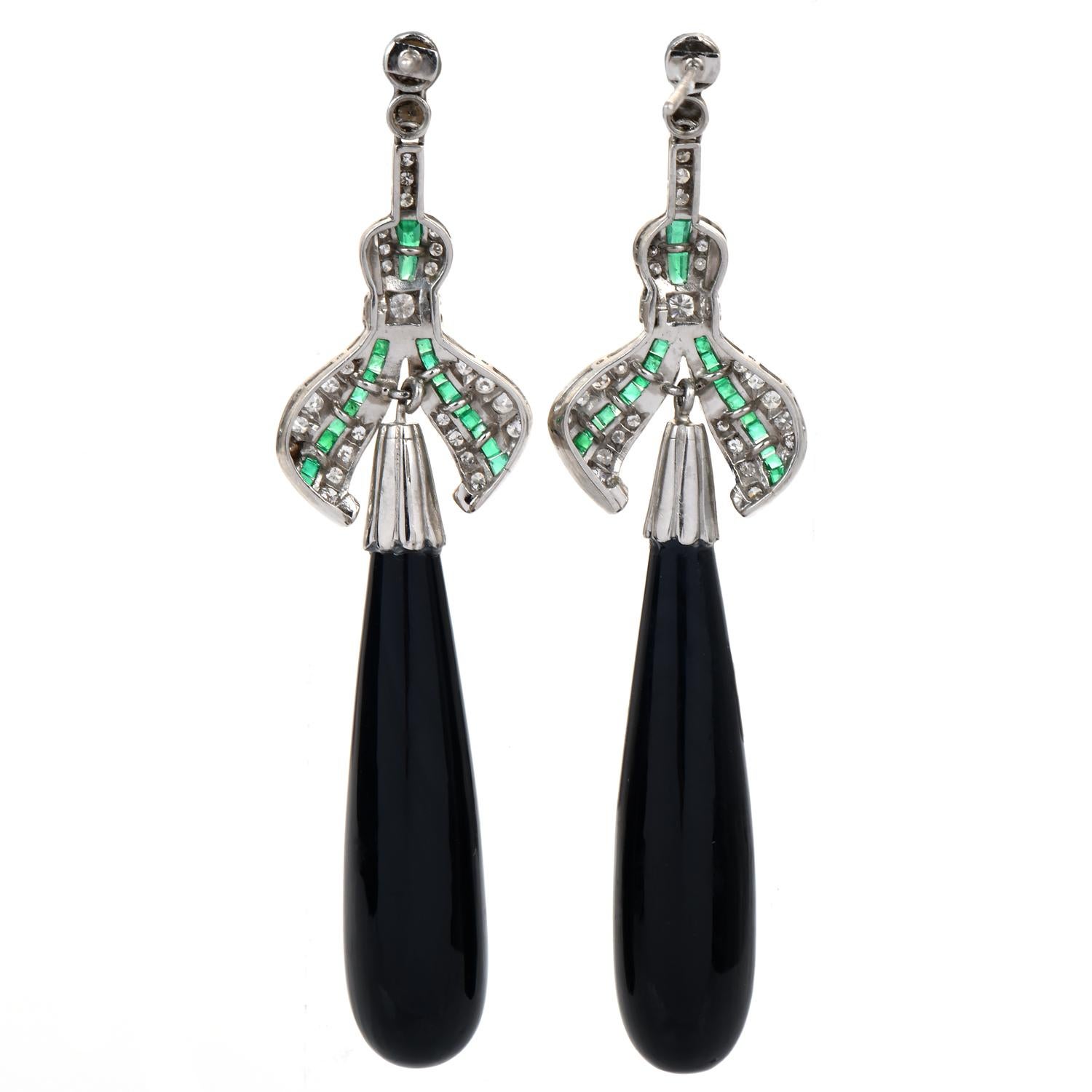 Vintage Diamond Emerald Onyx Platinum Ribbon Long Drop Dangle Earrings In Excellent Condition In Miami, FL