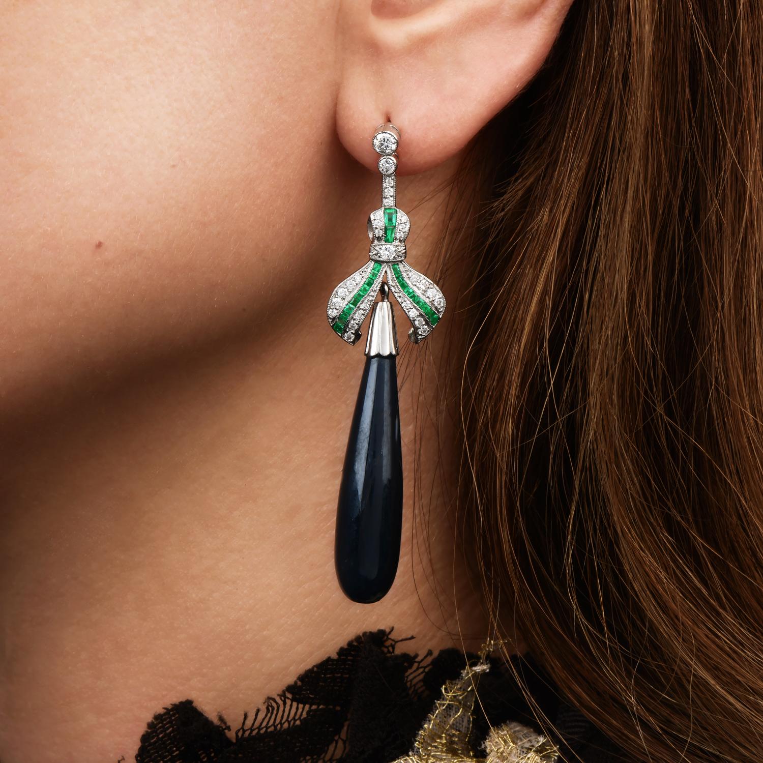 Women's Vintage Diamond Emerald Onyx Platinum Ribbon Long Drop Dangle Earrings