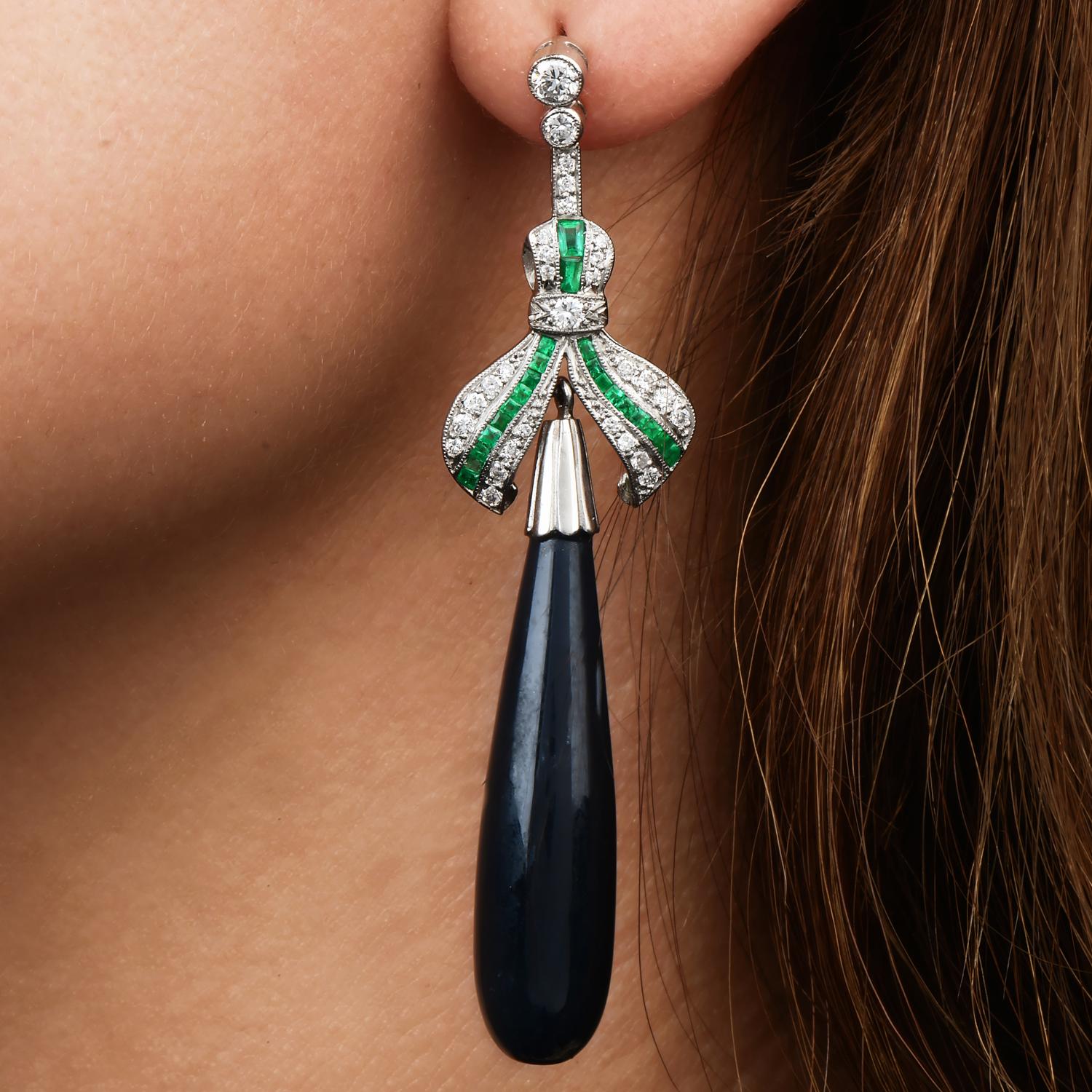 Vintage Diamond Emerald Onyx Platinum Ribbon Long Drop Dangle Earrings 1