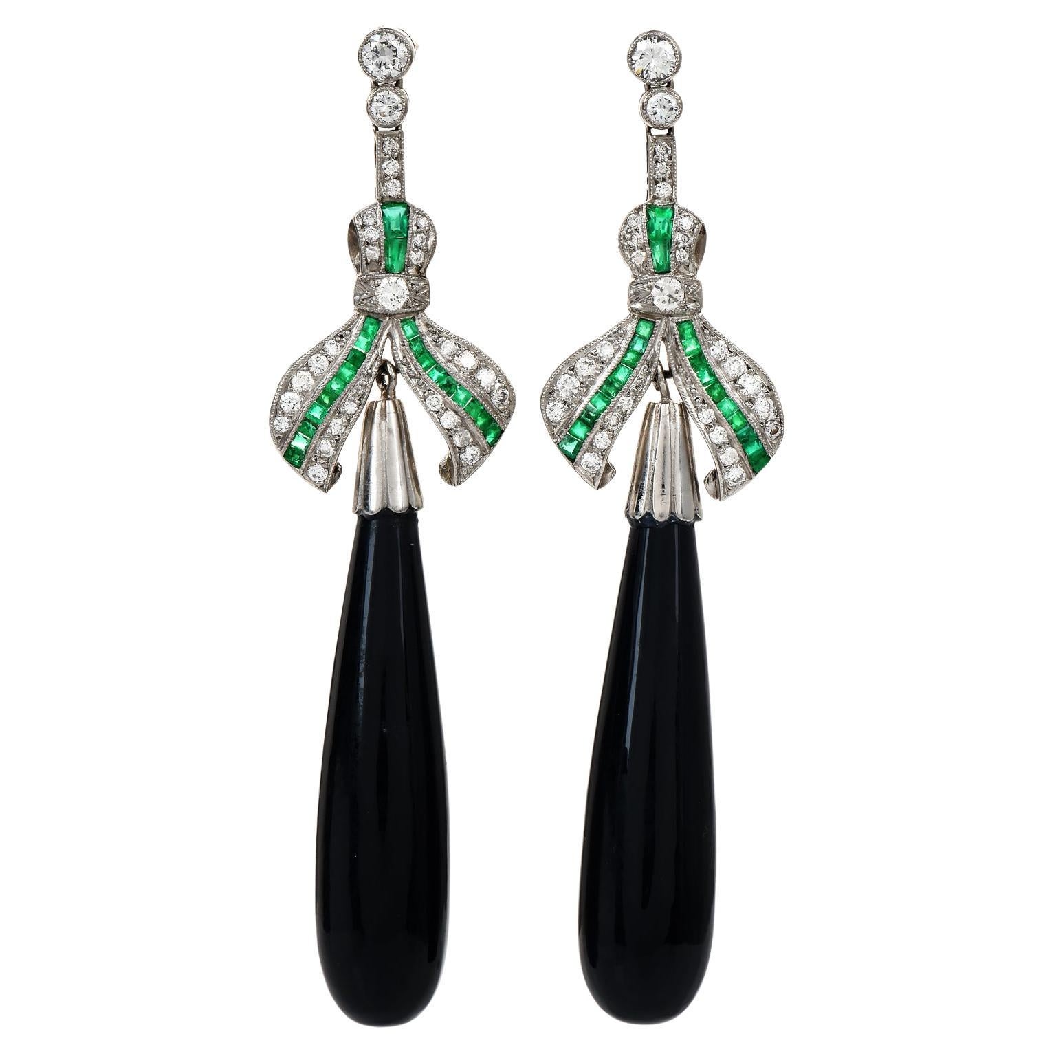 Vintage Diamond Emerald Onyx Platinum Ribbon Long Drop Dangle Earrings
