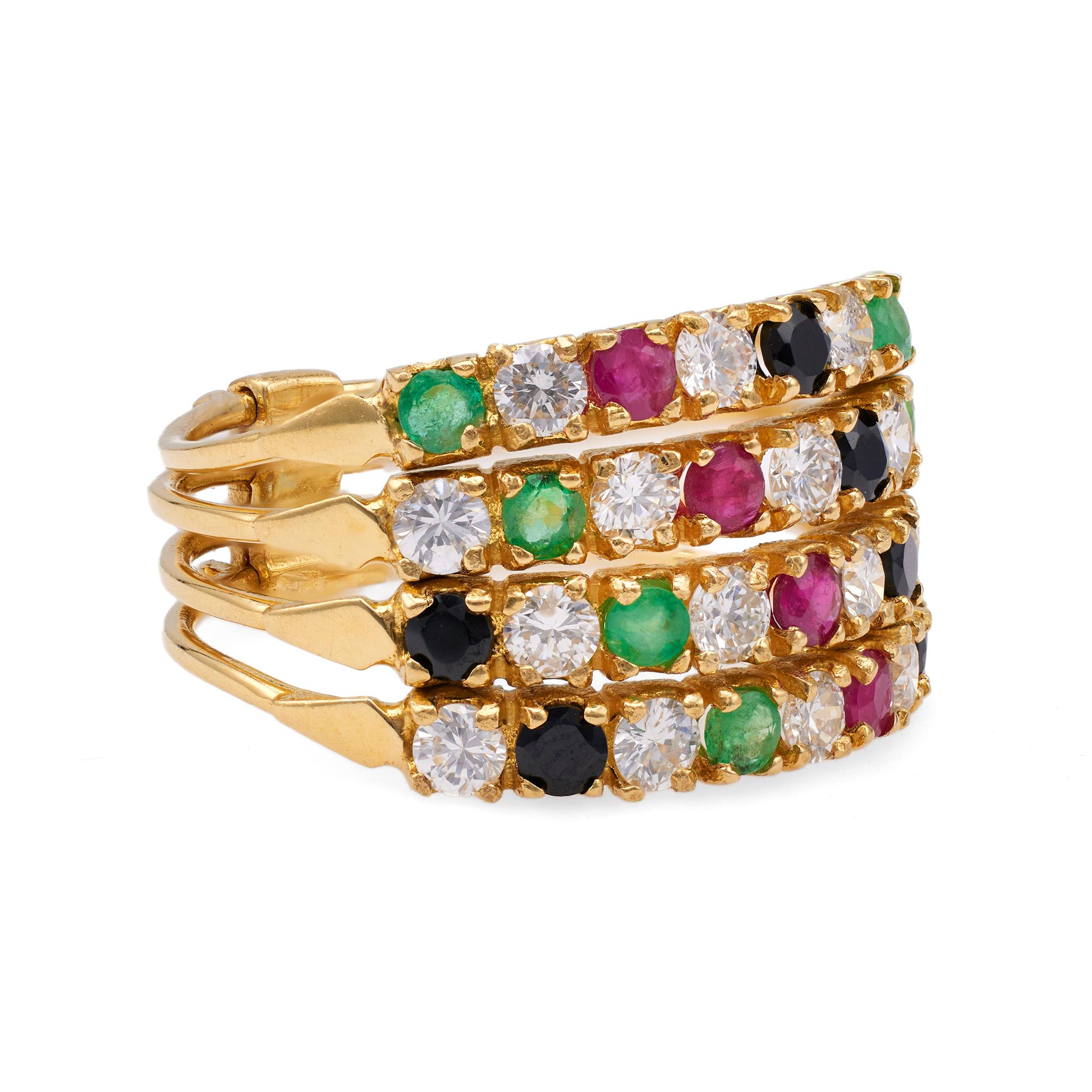 Vintage Diamond Emerald Onyx Ruby 18k Yellow Gold Ring In Good Condition For Sale In Beverly Hills, CA