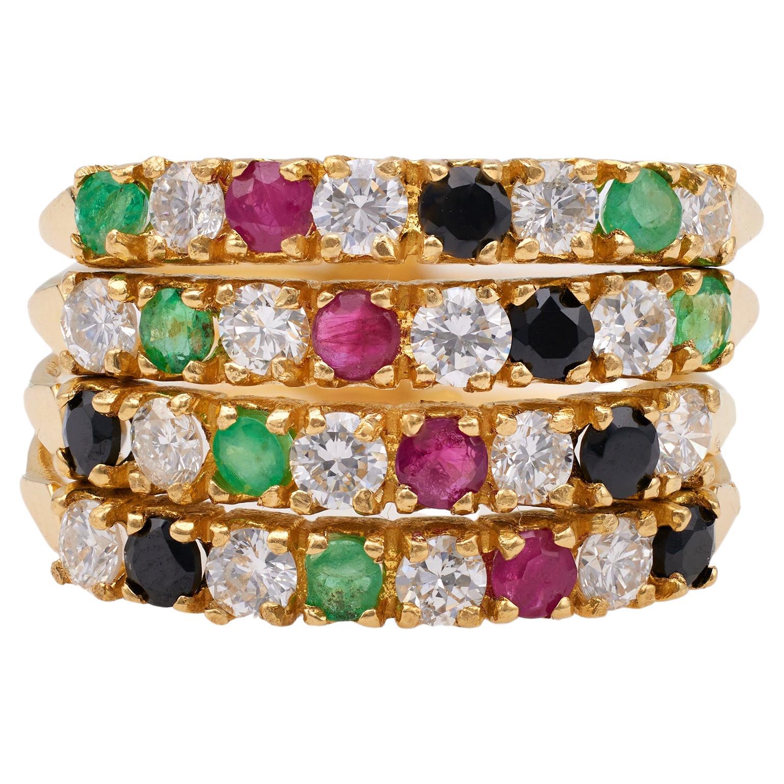 18 Karat Gelbgold Vintage Diamant-Smaragd-Onyx-Rubin-Ring im Angebot