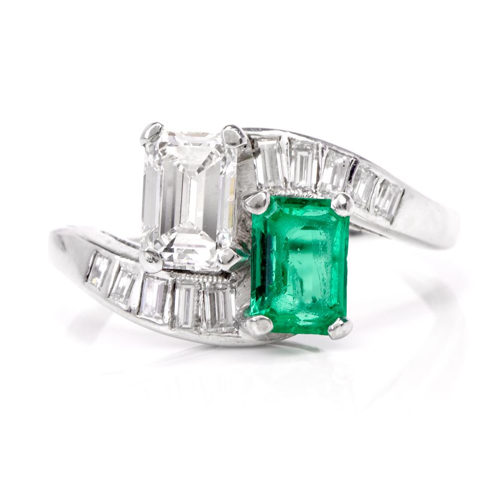 Art Deco Vintage Diamond Emerald Platinum Bypass Cocktail Ring