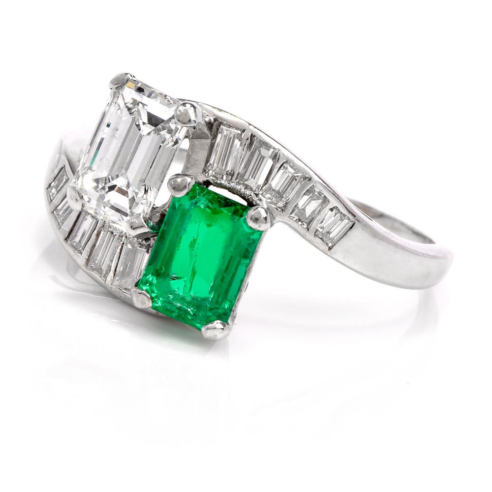 Emerald Cut Vintage Diamond Emerald Platinum Bypass Cocktail Ring