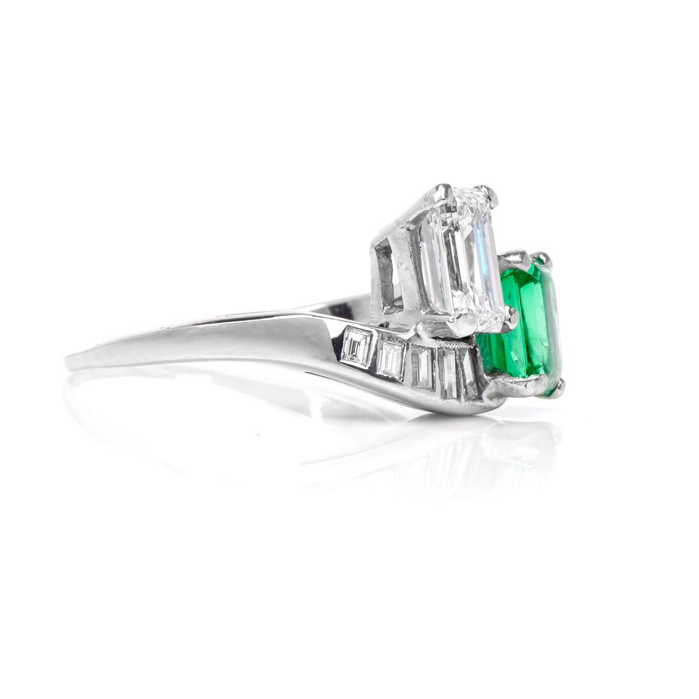 Vintage Diamond Emerald Platinum Bypass Cocktail Ring In New Condition In Miami, FL