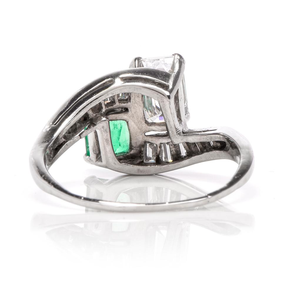Women's Vintage Diamond Emerald Platinum Bypass Cocktail Ring