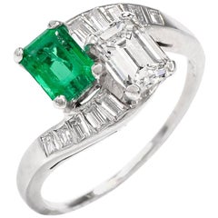 Vintage Diamond Emerald Platinum Bypass Cocktail Ring