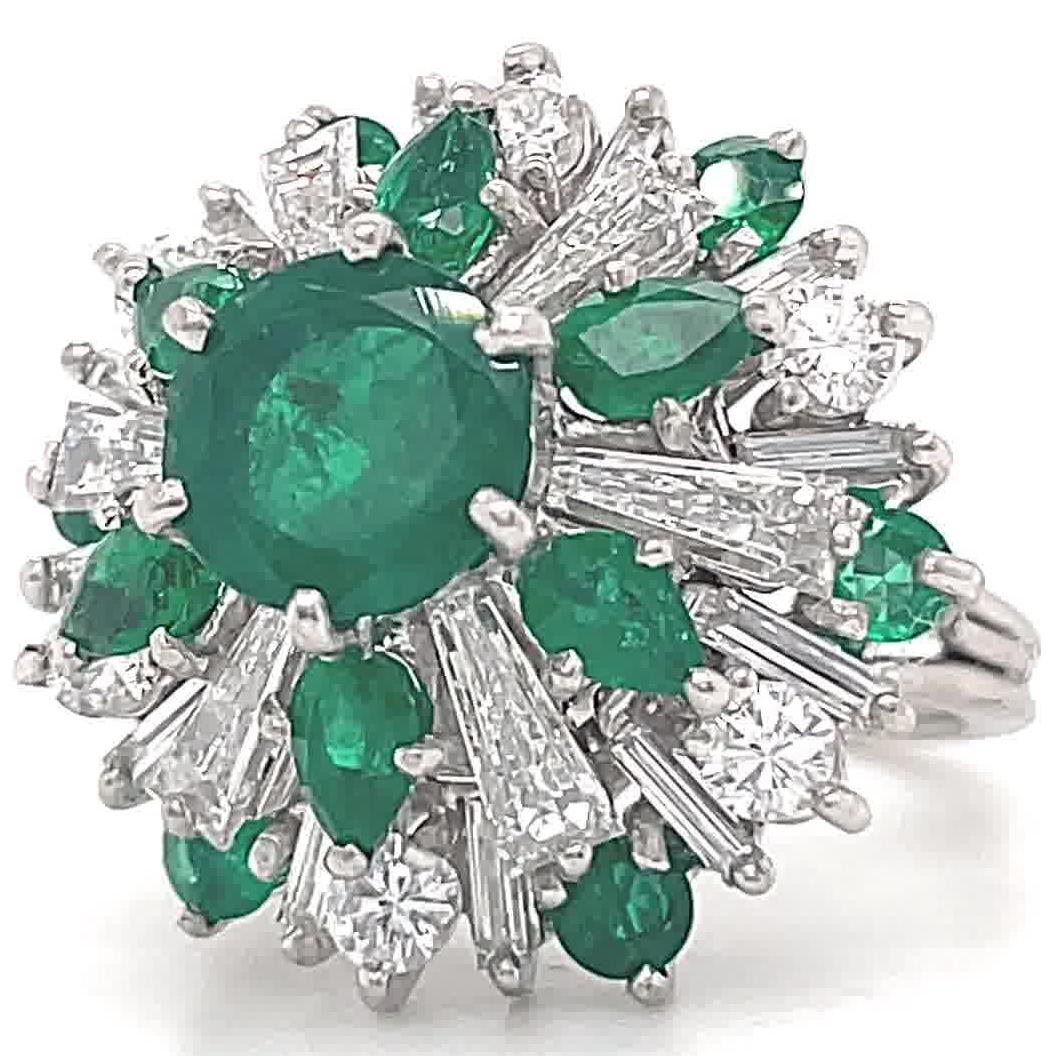 Round Cut Vintage Diamond Emerald Platinum Cocktail Ring