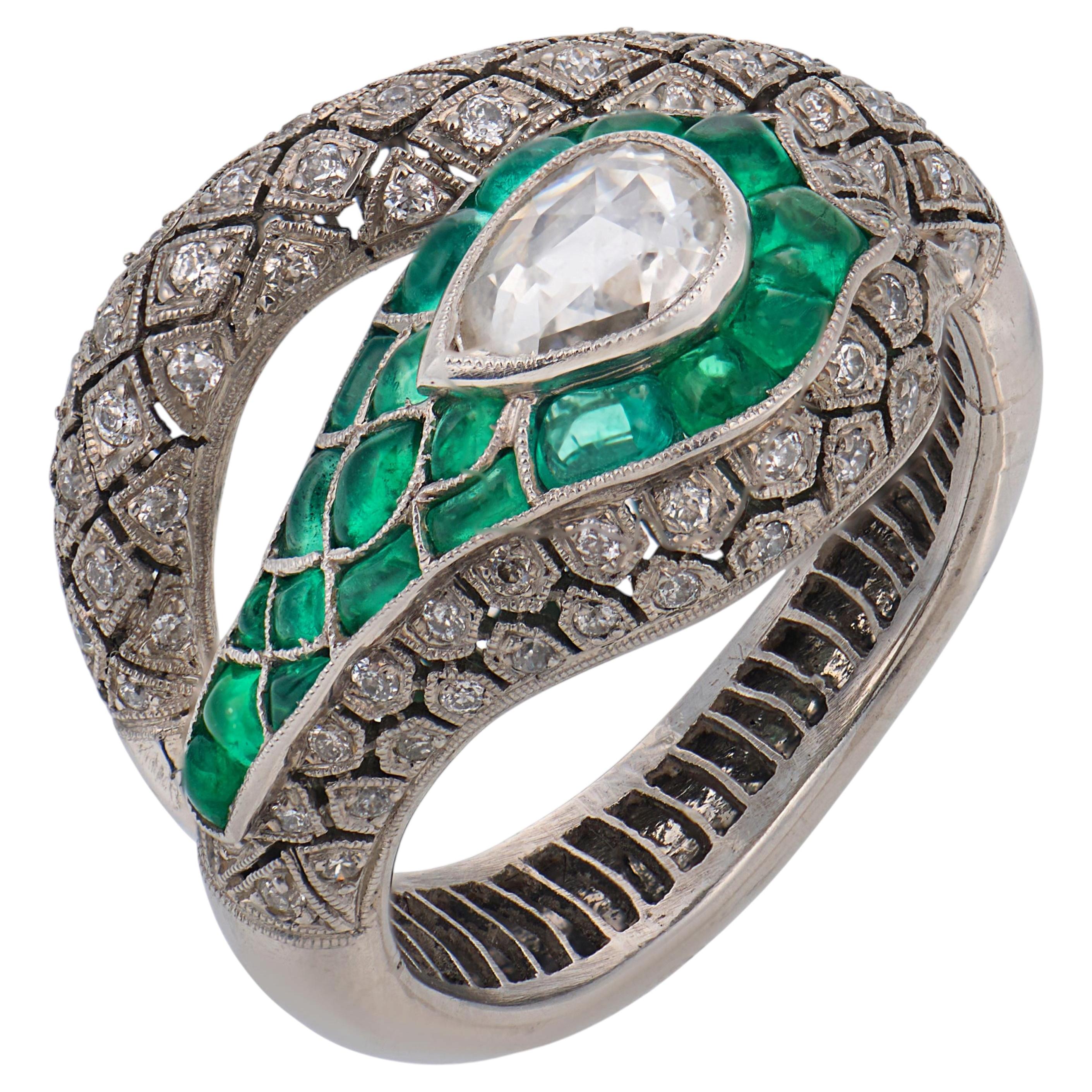 Vintage diamond emerald platinum snake ring For Sale