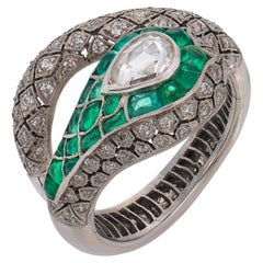 Vintage diamond emerald platinum snake ring