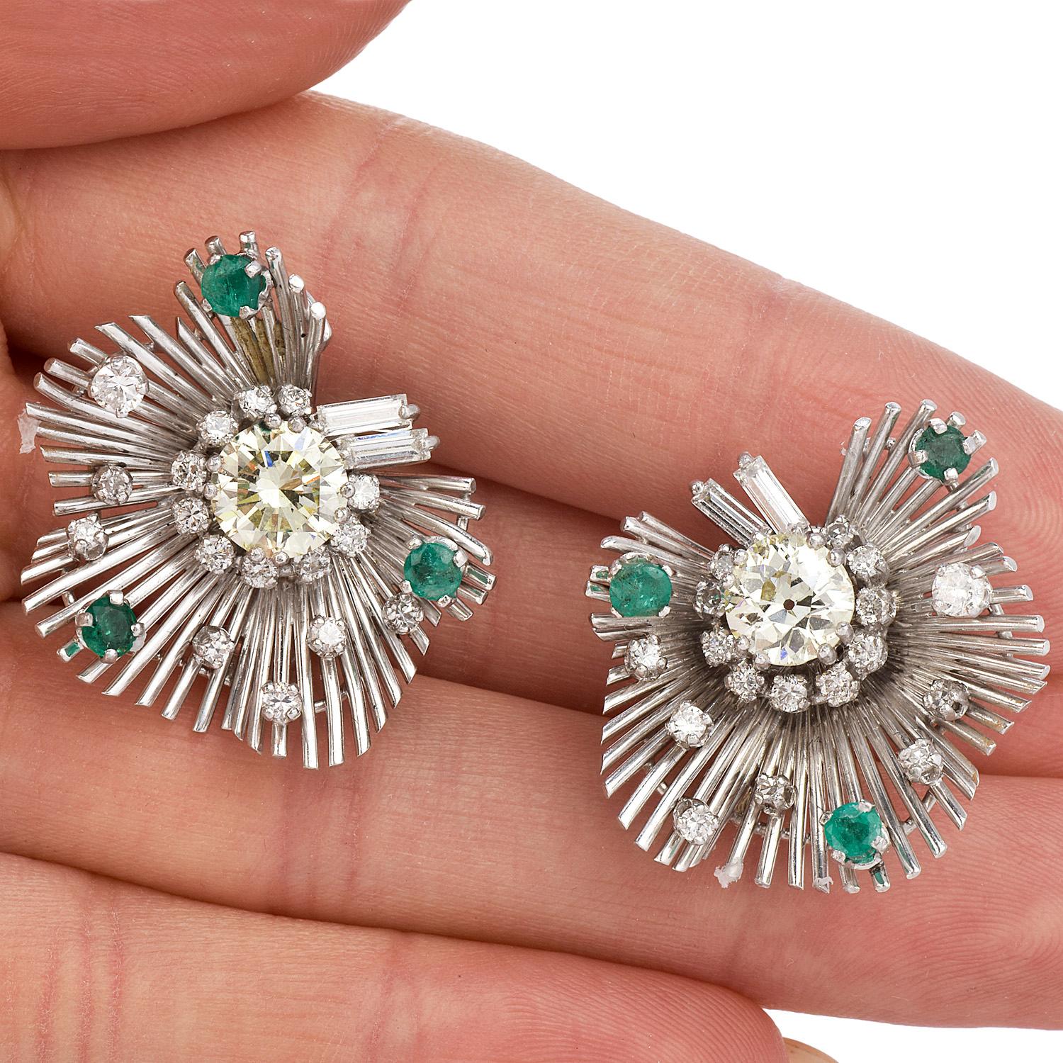 Antique Cushion Cut Vintage Diamond Emerald Platinum Starburst Floral Earrings For Sale