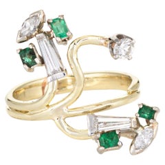 Vintage Diamond Emerald Ring 14 Karat Gold Organic Branch Abstract Jewelry