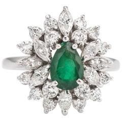 Vintage Diamond Emerald Ring Cluster Oval Cocktail 14 Karat White Gold Jewelry