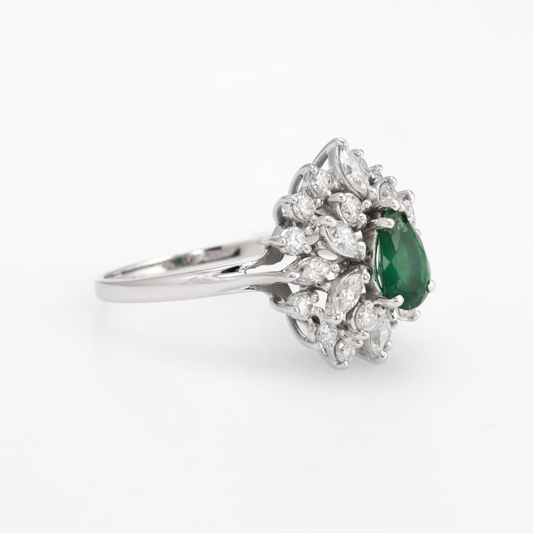 Modern Vintage Diamond Emerald Ring Cluster Oval Cocktail 14 Karat White Gold Jewelry