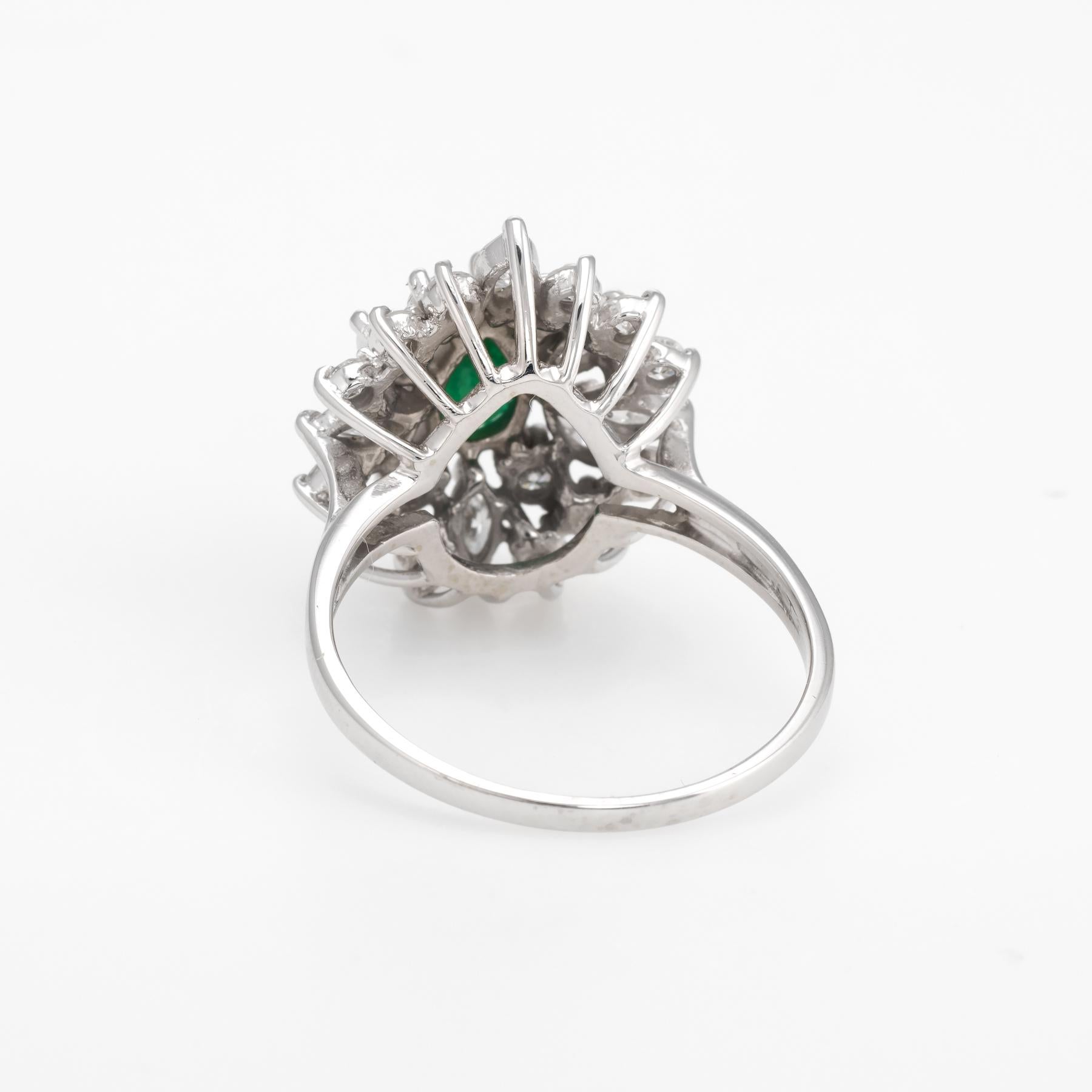 Women's Vintage Diamond Emerald Ring Cluster Oval Cocktail 14 Karat White Gold Jewelry