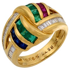 Anillo de cóctel vintage de oro amarillo de 18k con diamante, esmeralda, rubí y zafiro