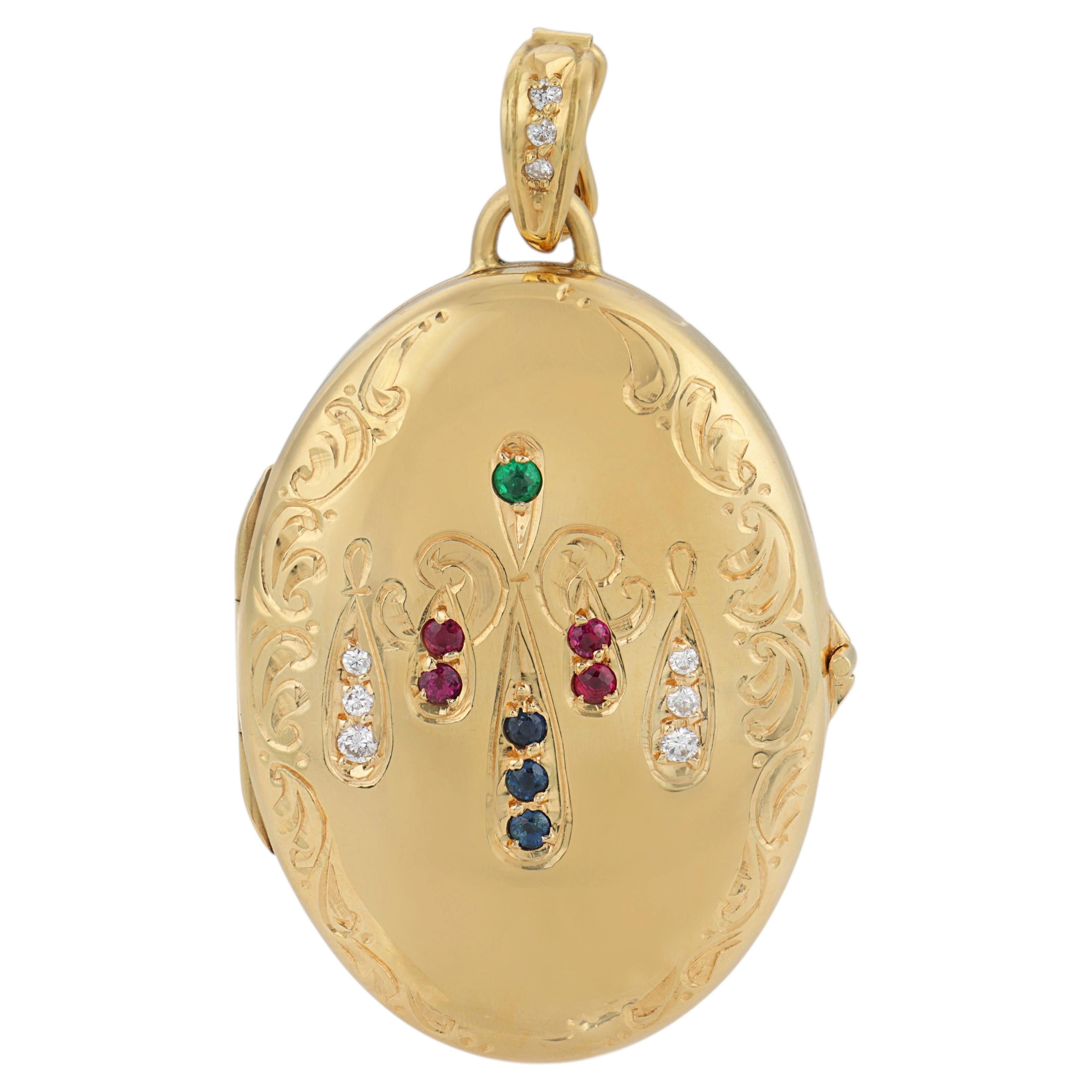 Ciondolo medaglione vintage in oro giallo 18 carati con diamanti, smeraldi, rubini e zaffiri