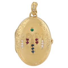 Vintage diamond emerald ruby sapphire 18k yellow gold locket pendant