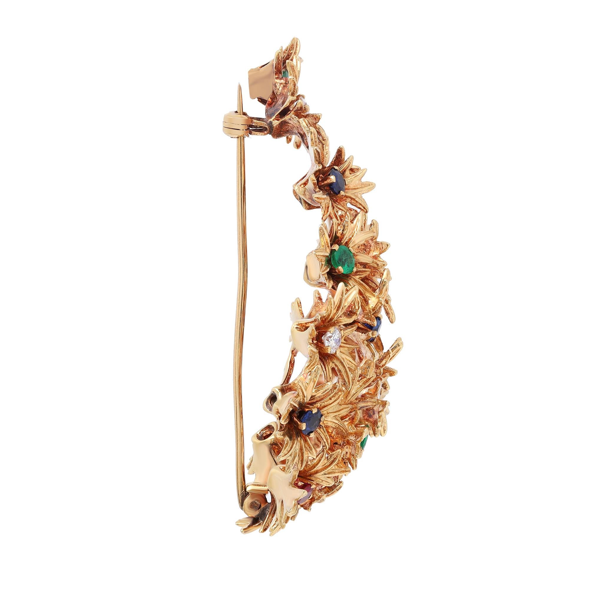 Modern Vintage Diamond Emerald Sapphire Ruby Floral Brooch 18K Yellow Gold For Sale