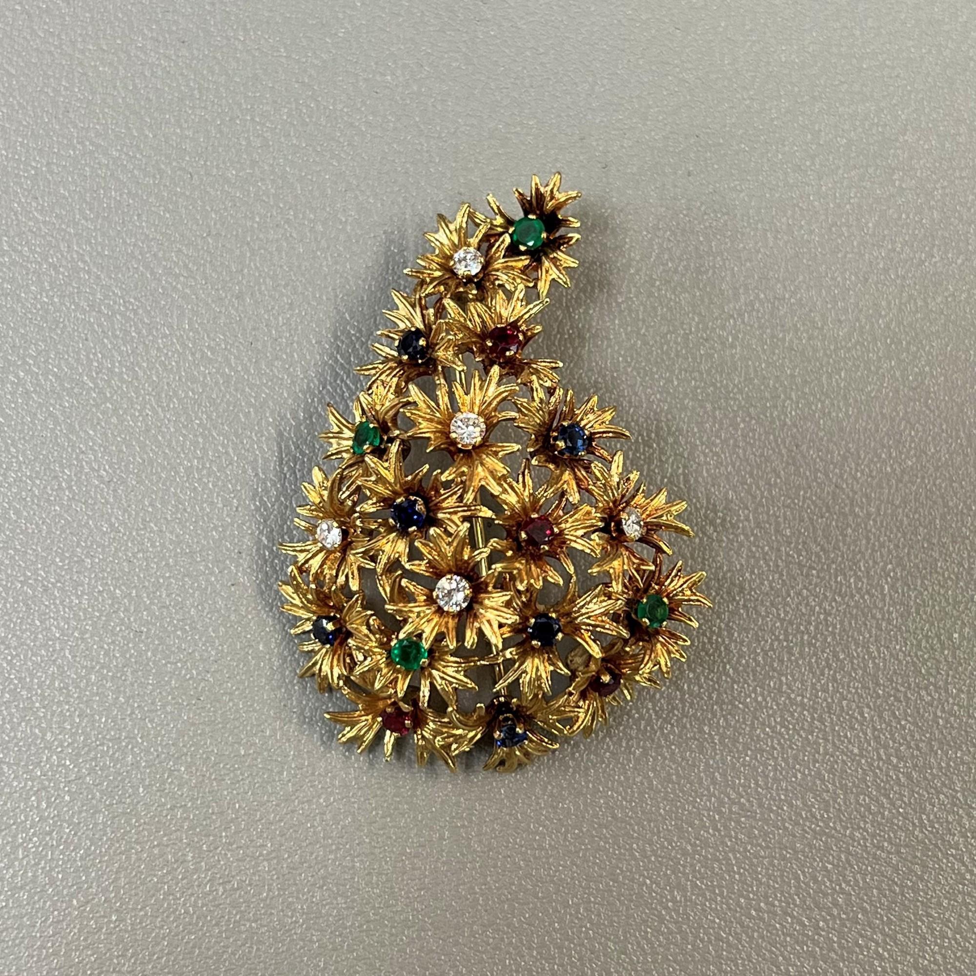 Round Cut Vintage Diamond Emerald Sapphire Ruby Floral Brooch 18K Yellow Gold For Sale