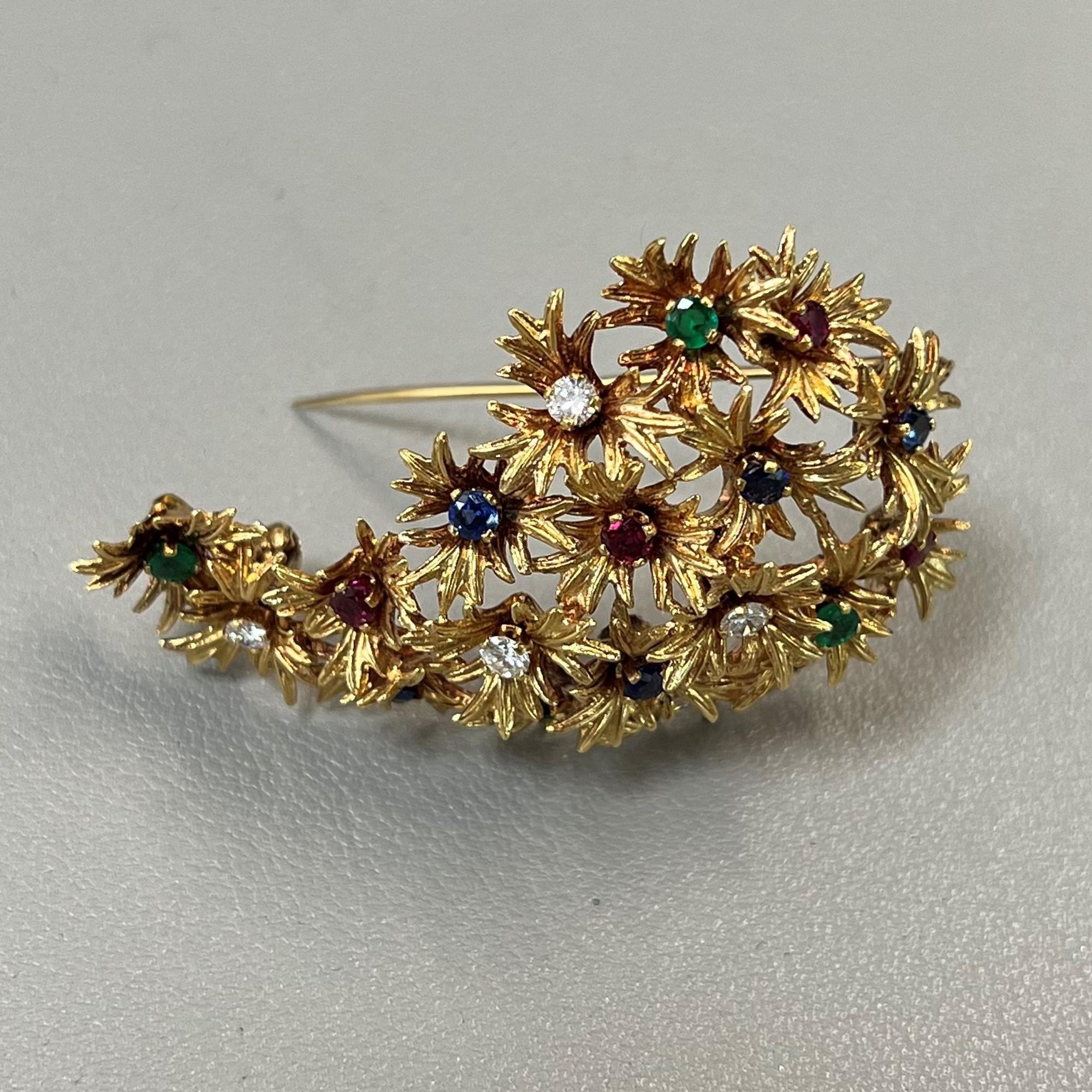 Vintage Diamond Emerald Sapphire Ruby Floral Brooch 18K Yellow Gold In Excellent Condition For Sale In New York, NY
