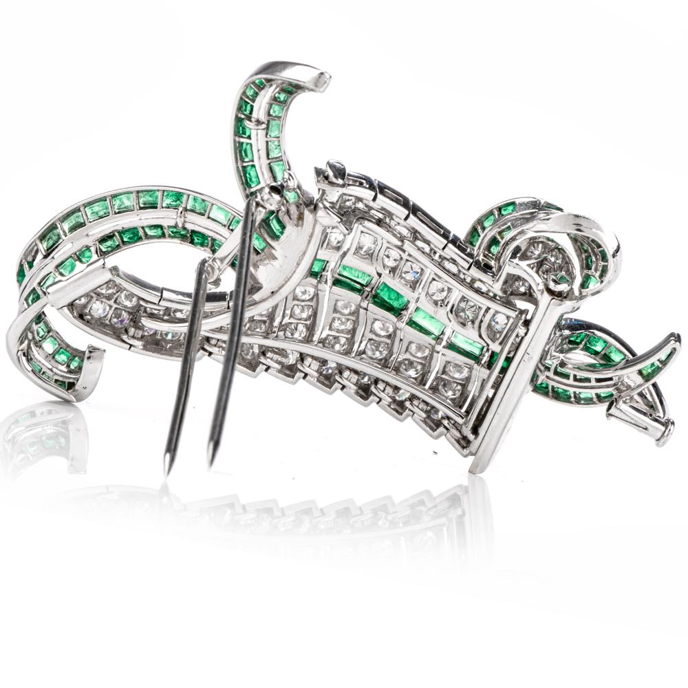 Art Deco Vintage Diamond Emerald Swirl Platinum Pin Brooch