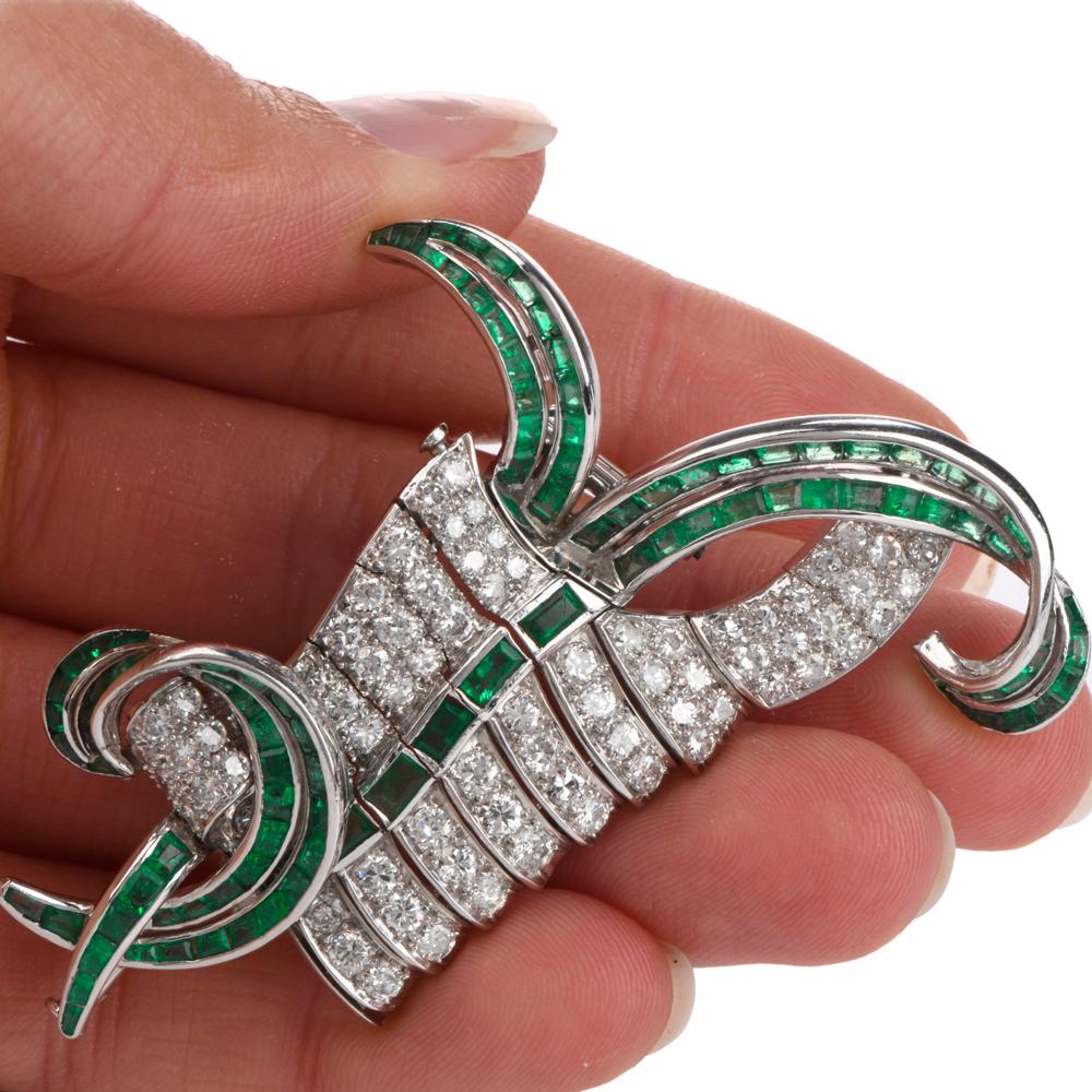 Women's or Men's Vintage Diamond Emerald Swirl Platinum Pin Brooch