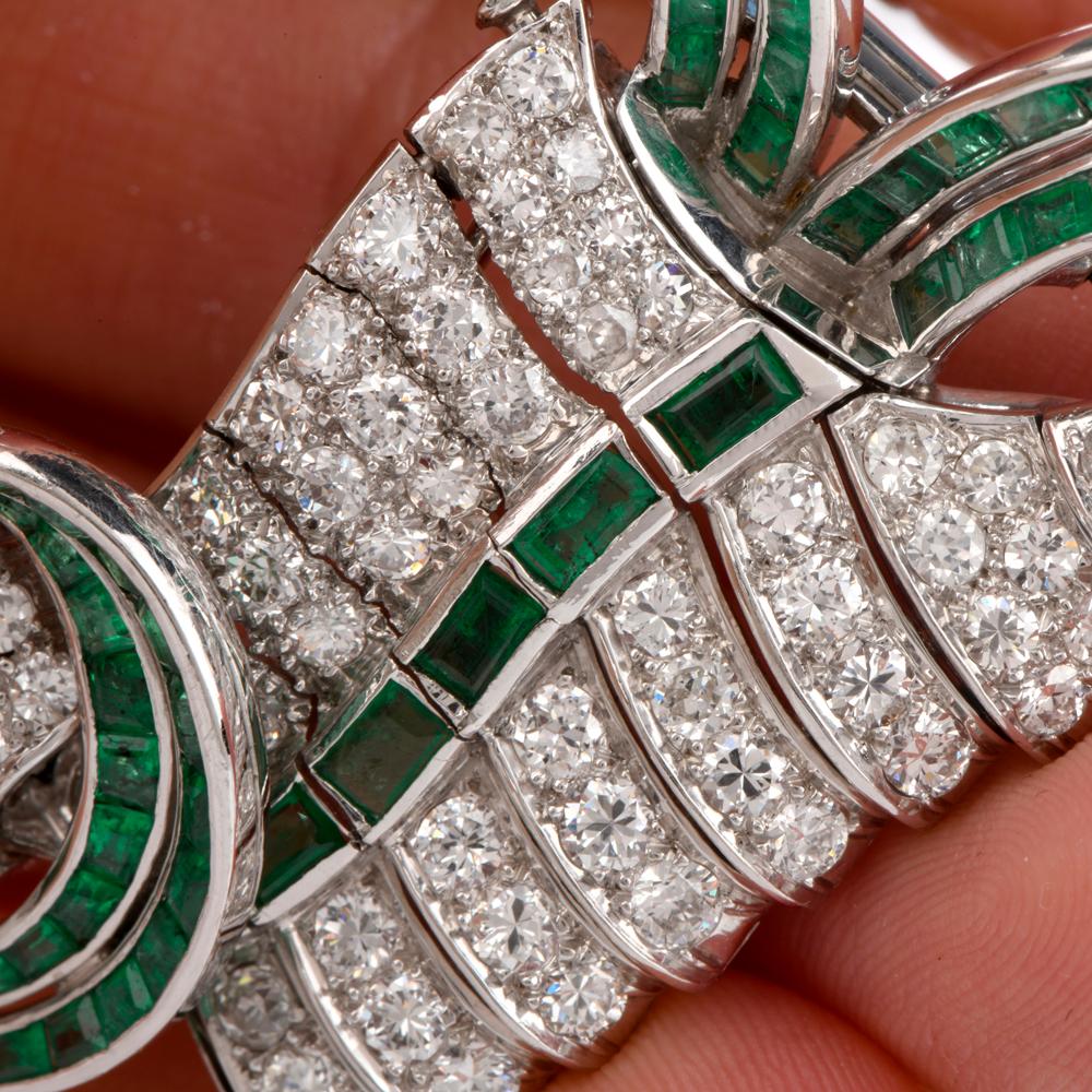 Vintage Diamond Emerald Swirl Platinum Pin Brooch 1