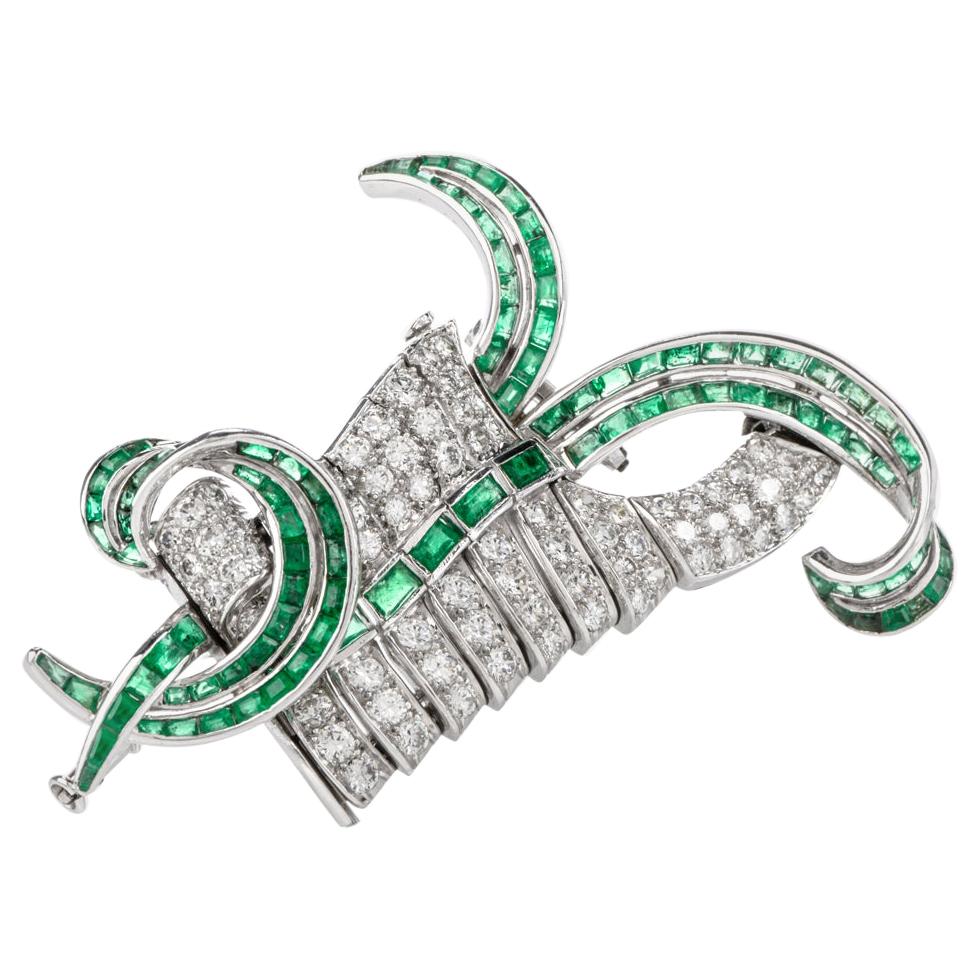 Vintage Diamond Emerald Swirl Platinum Pin Brooch