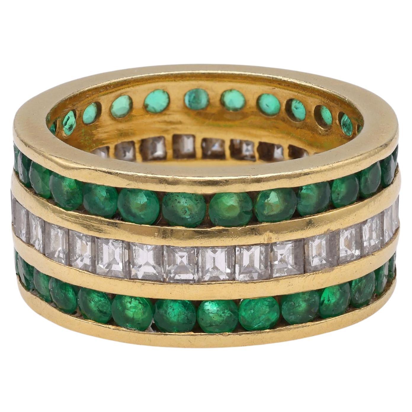 Vintage Diamond Emerald Three Row Yellow Gold Ring For Sale