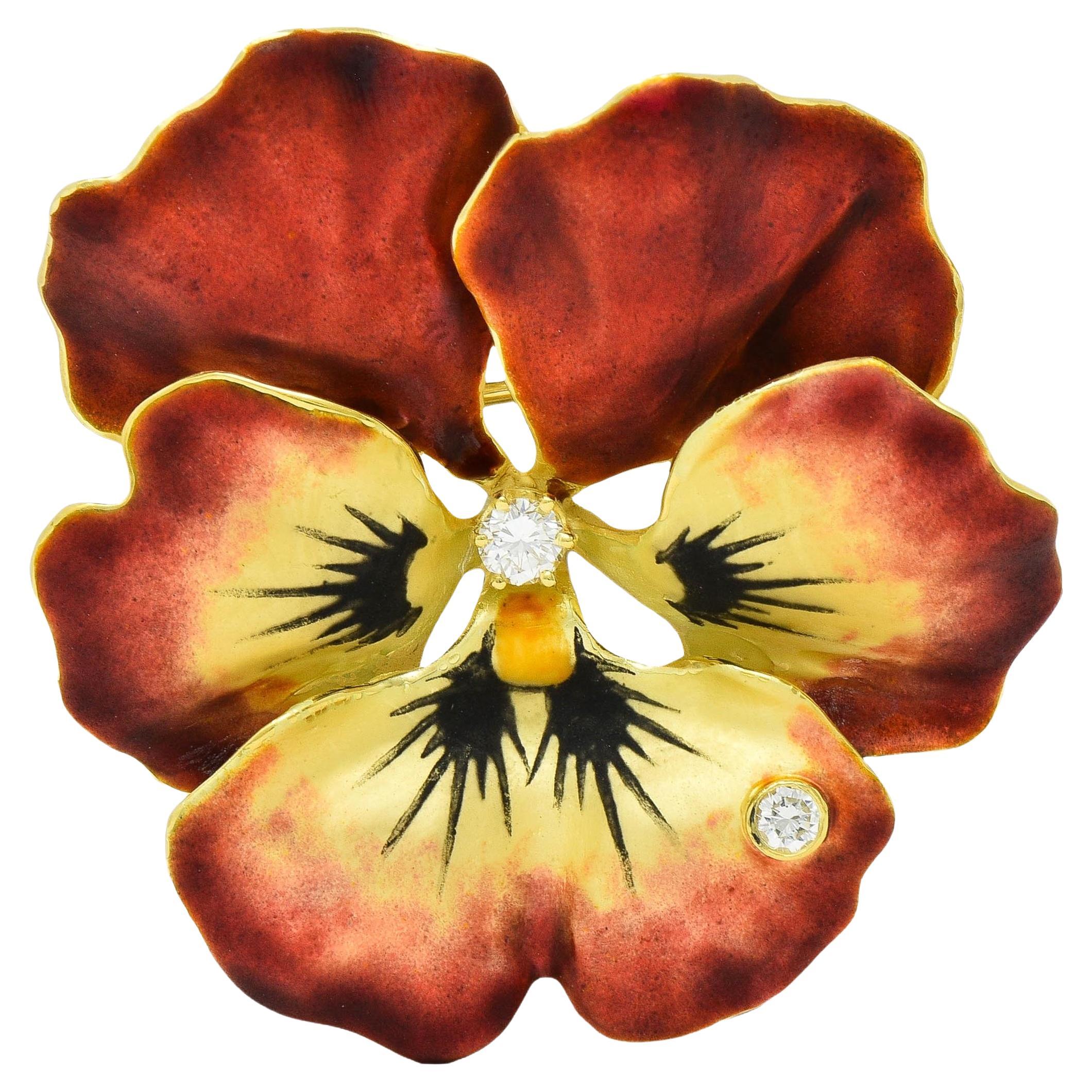 Vintage Diamond Enamel 14 Karat Yellow Gold Pansy Flower Pendant Brooch