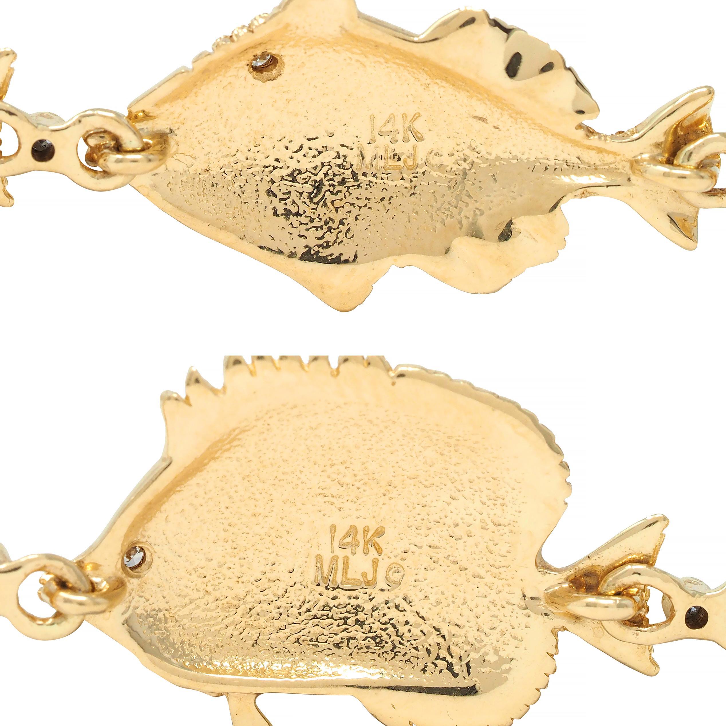 Vintage Diamond Enamel 14 Karat Yellow Gold Tropical Fish Link Bracelet 5