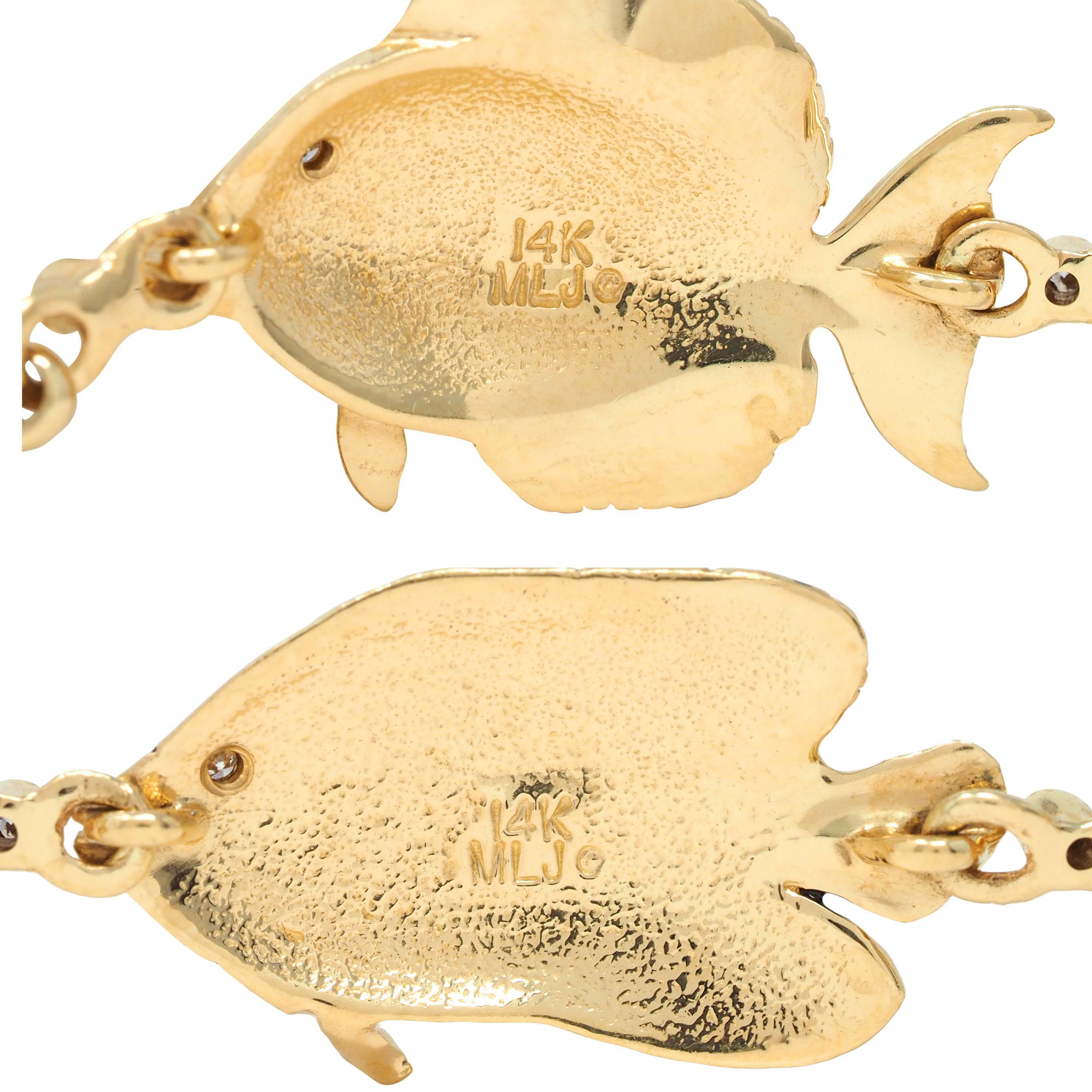 Vintage Diamond Enamel 14 Karat Yellow Gold Tropical Fish Link Bracelet 6