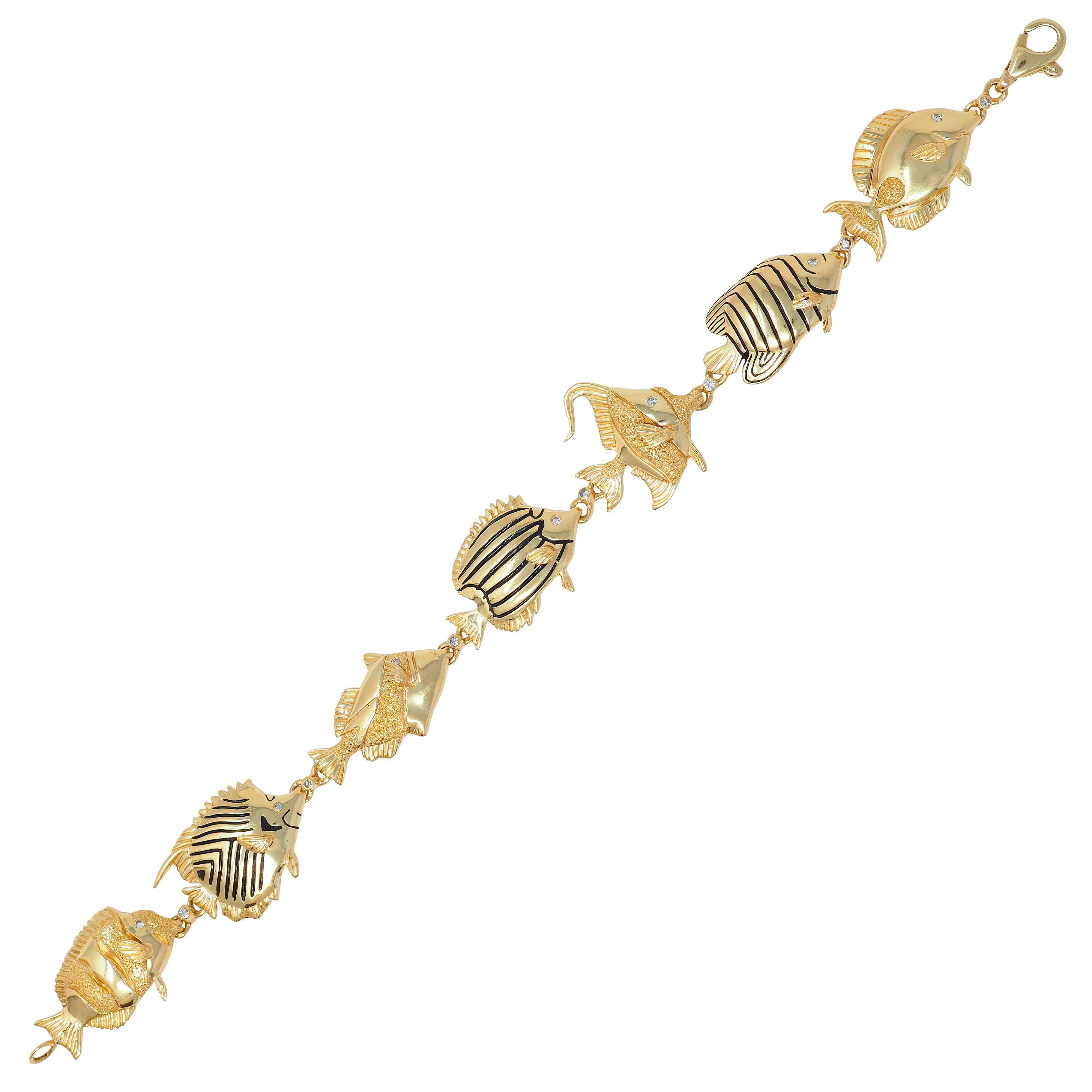 Vintage Diamond Enamel 14 Karat Yellow Gold Tropical Fish Link Bracelet 8