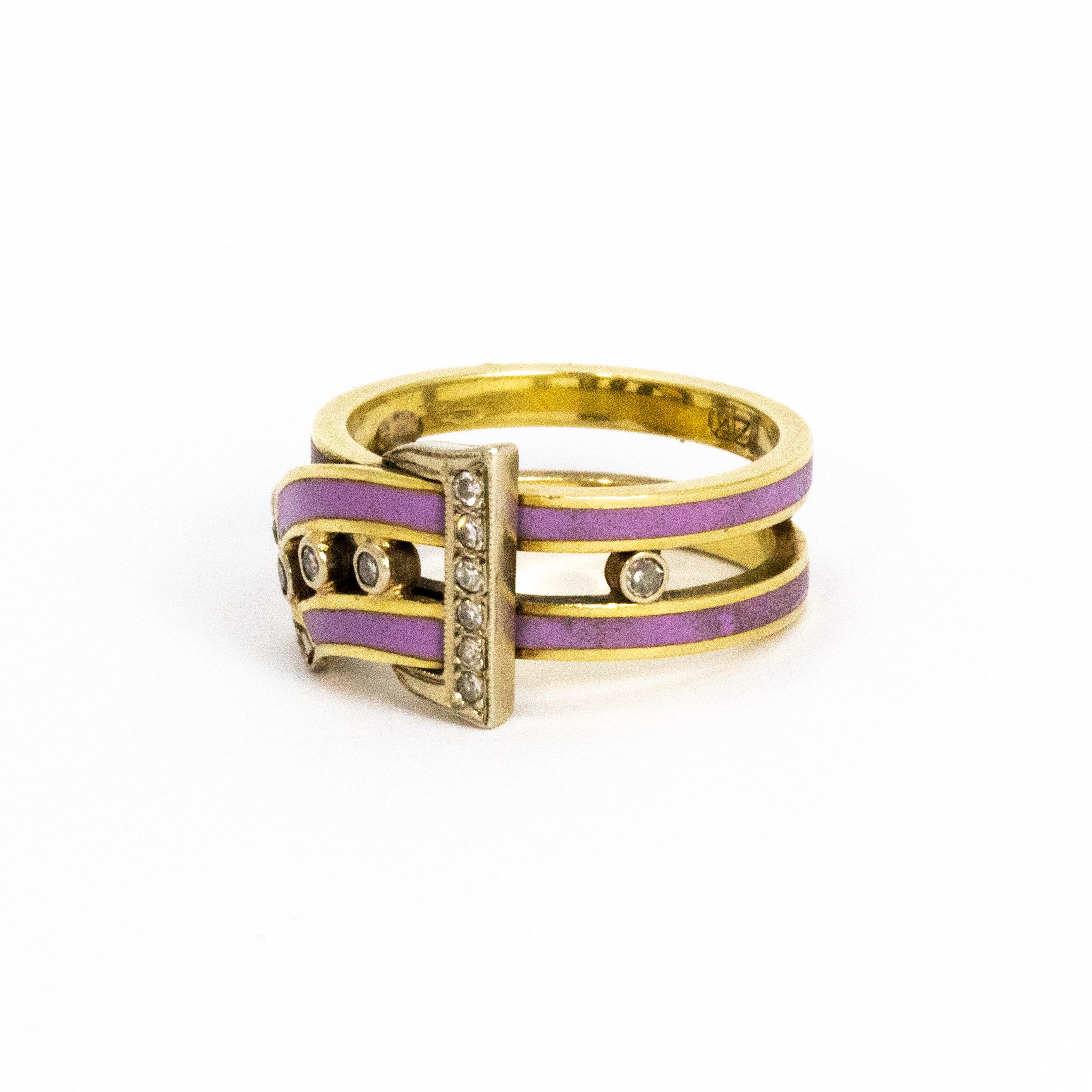 Striking lilac enamel ring in a buckle design and delicately decorated with diamonds. Modelled out of 14ct gold.

Ring size: N 1/2 or 7 
