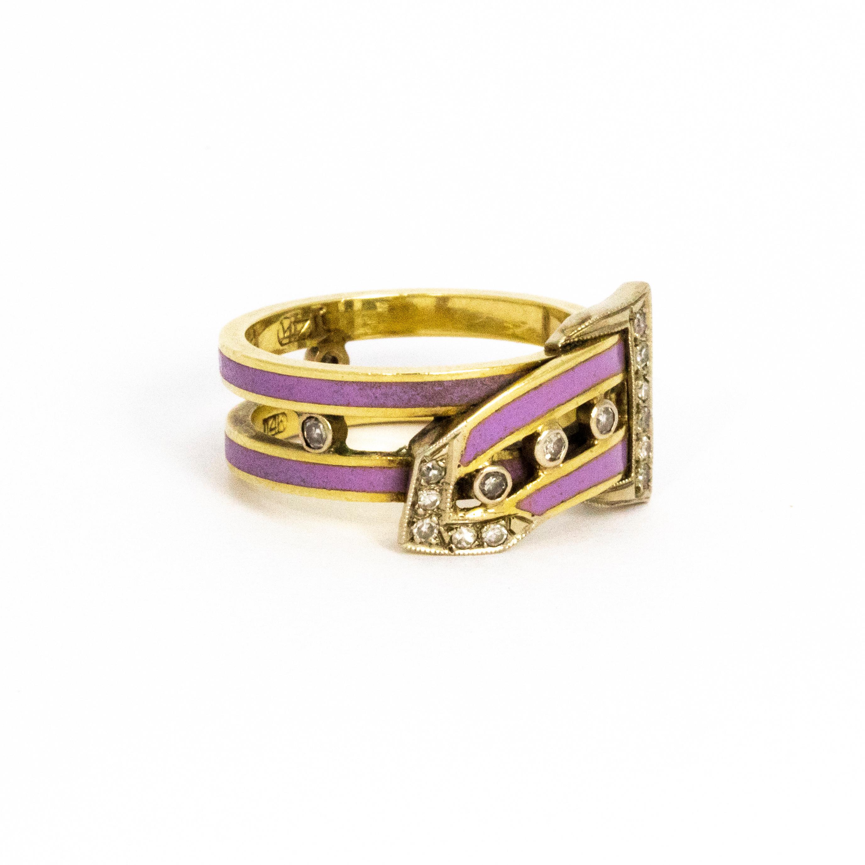 Vintage Diamond Enamel 14 Carat Gold Buckle Ring In Good Condition For Sale In Chipping Campden, GB